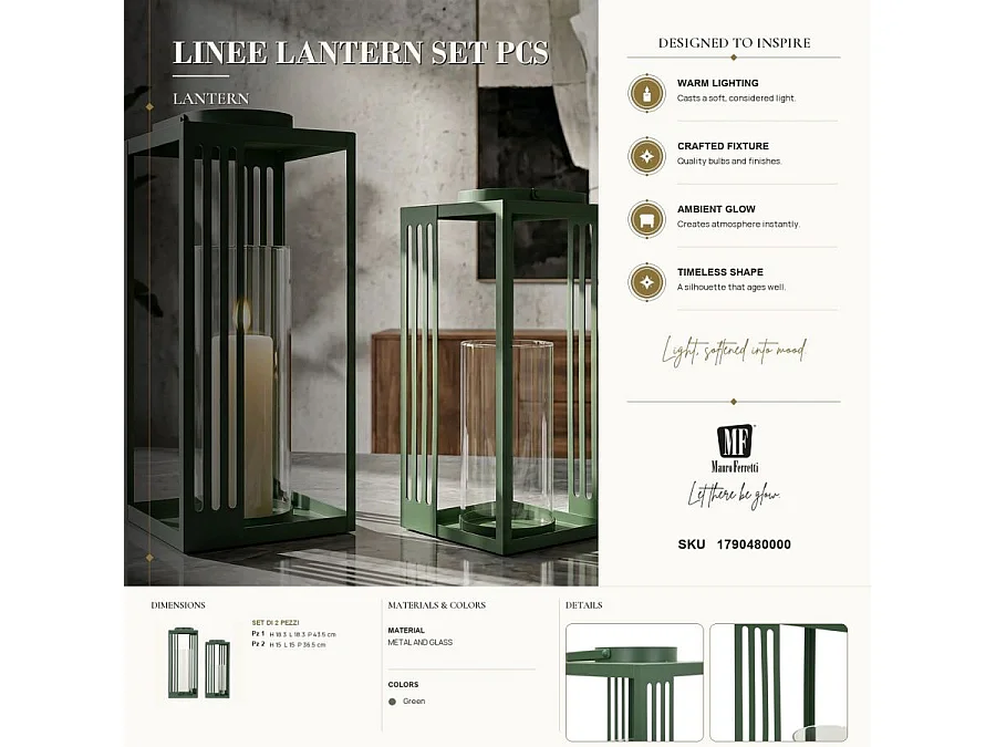 Lot de 2 Lanternes en Métal "Linee" 43cm Vert