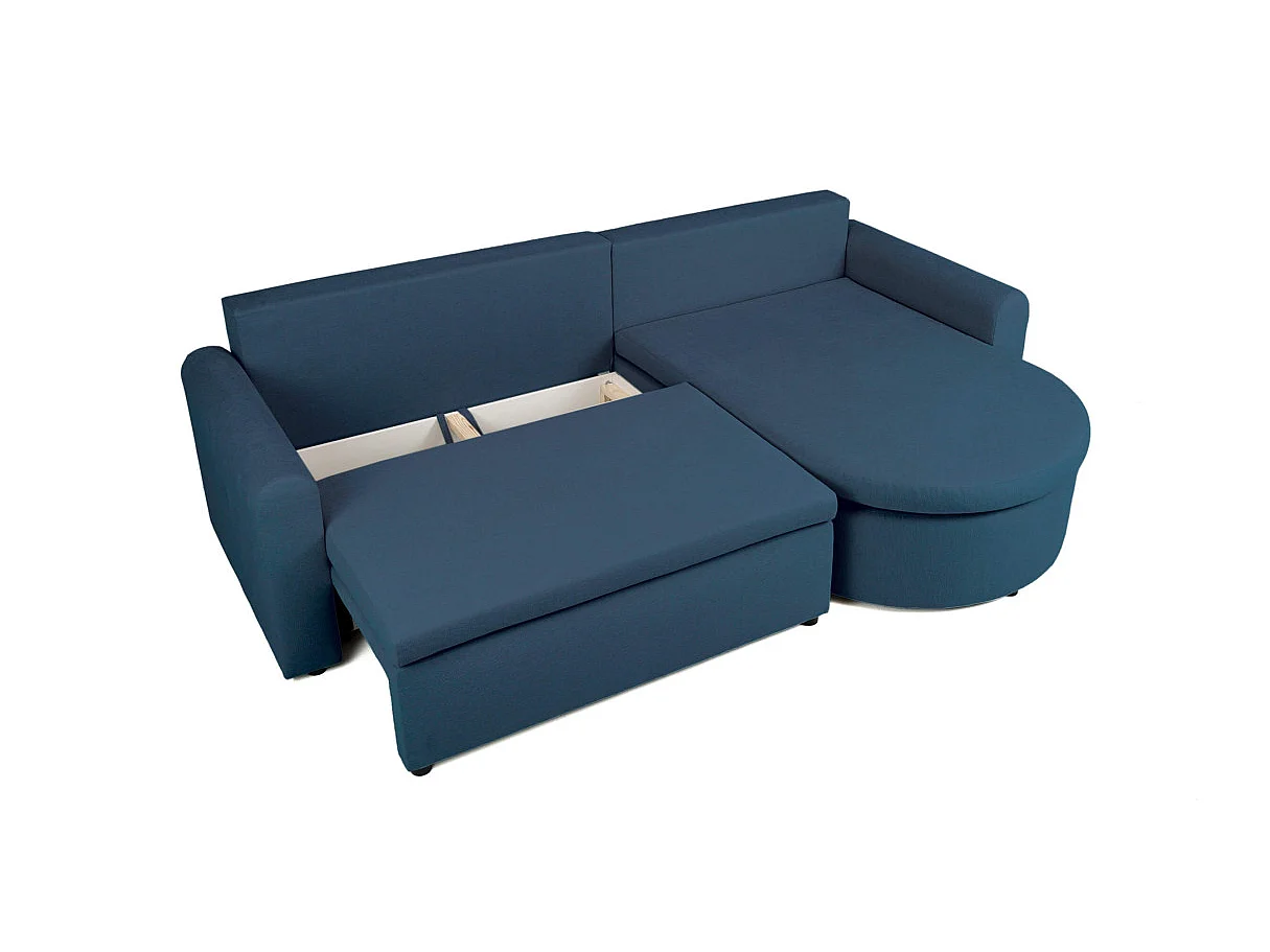 Canapé d'angle convertible 4 places avec coffre en tissu bleu VERA