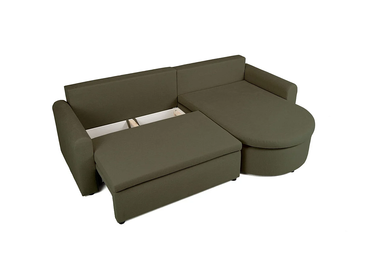 Canapé d'angle convertible 4 places avec coffre en tissu vert VERA