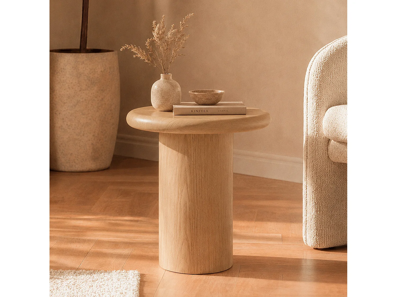 Tavolino in impiallacciatura di rovere bianco, D48,5 cm - Nubia