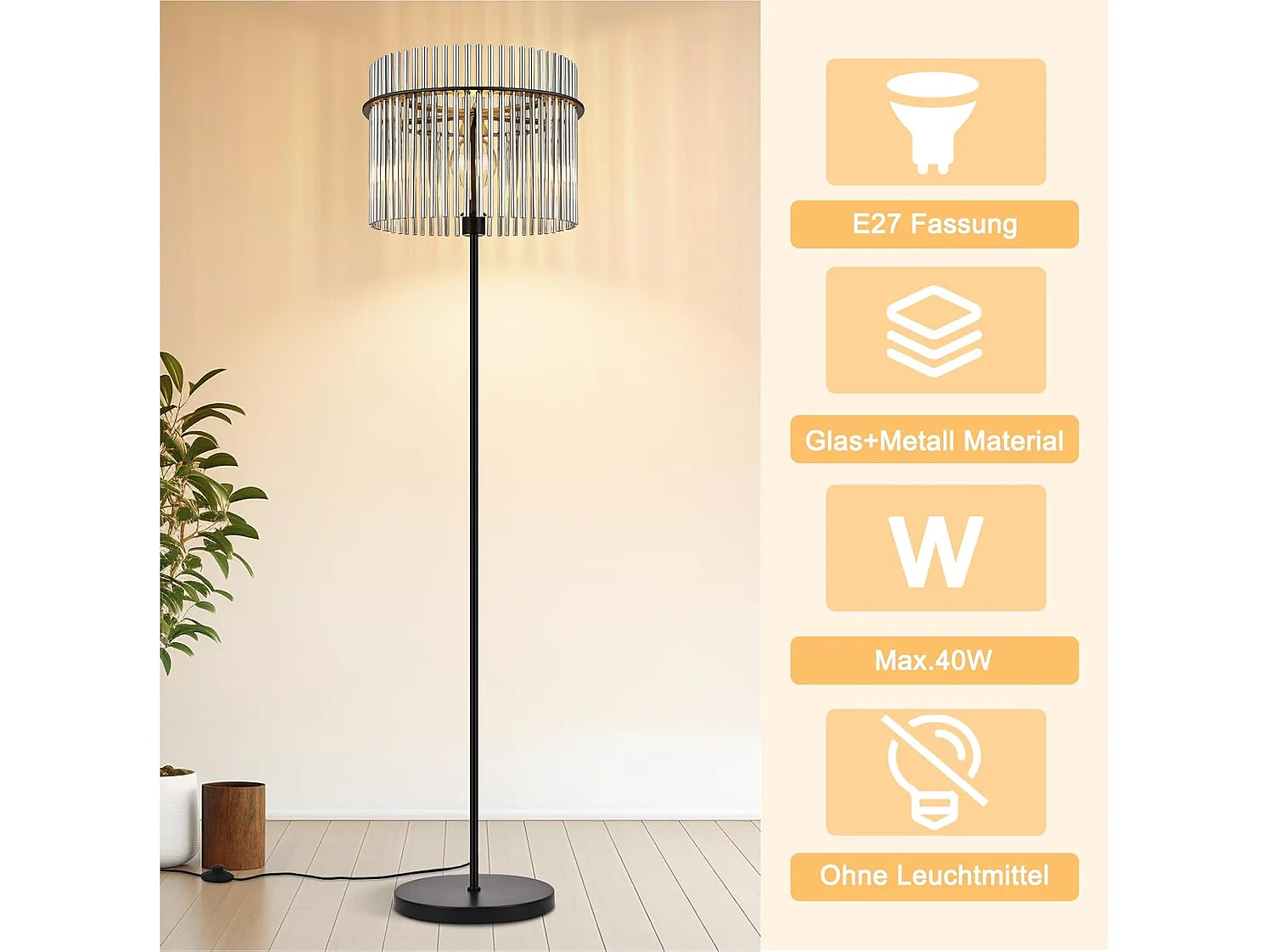 ZMH Lampadaire E27 noir lampadaire en verre avec interrupteur au pied moderne convient aux chambres aux chambres d'enfants et aux bureaux 154cm