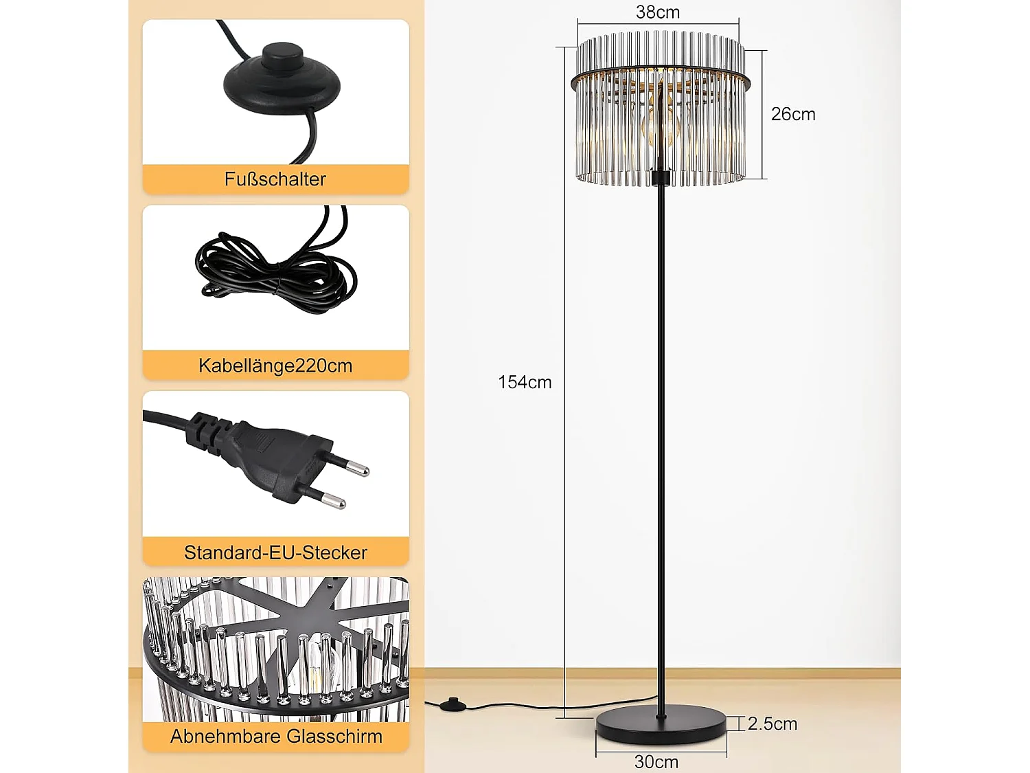 ZMH Lampadaire E27 noir lampadaire en verre avec interrupteur au pied moderne convient aux chambres aux chambres d'enfants et aux bureaux 154cm