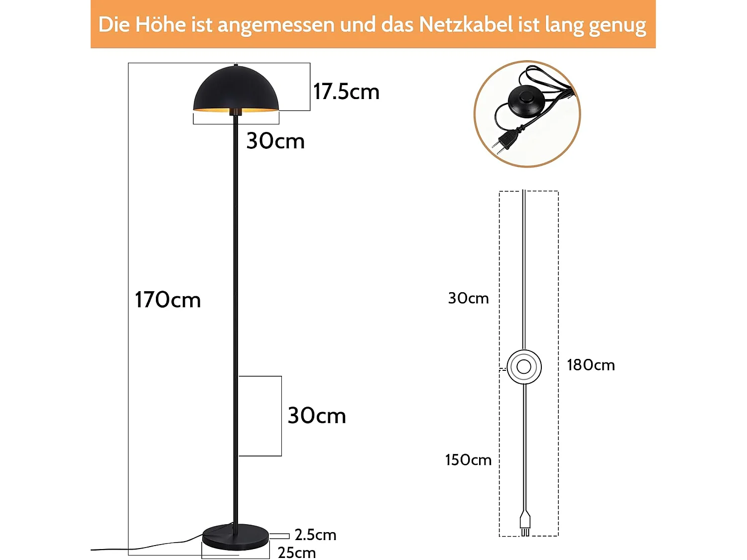 ZMH Lampadaire Moderne Noir et Doré E27 Abat-jour Tissu Ø30cm Max 40W 170cm Pour Salon Chambre Sans Ampoule