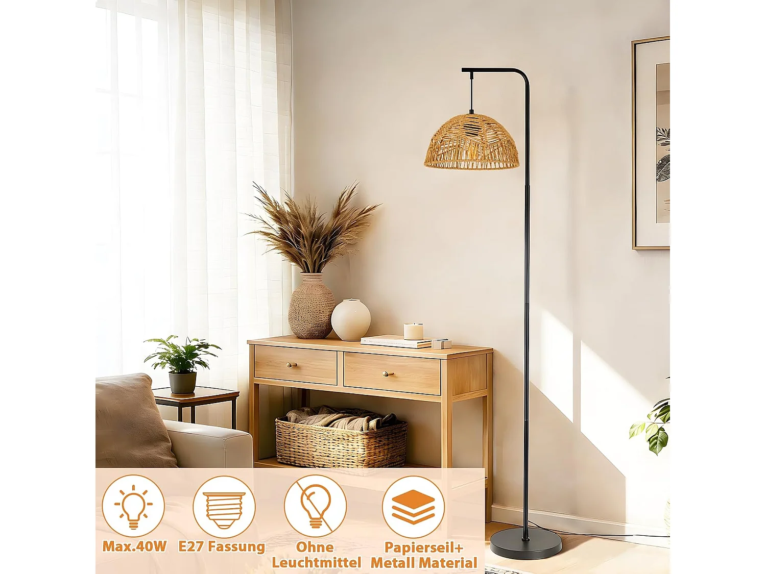 ZMH Lampadaire arc Vintage noir abat-jour corde moderne 164cm E27 interrupteur au pied pour salon chambre salle à manger terrasse sans ampoule