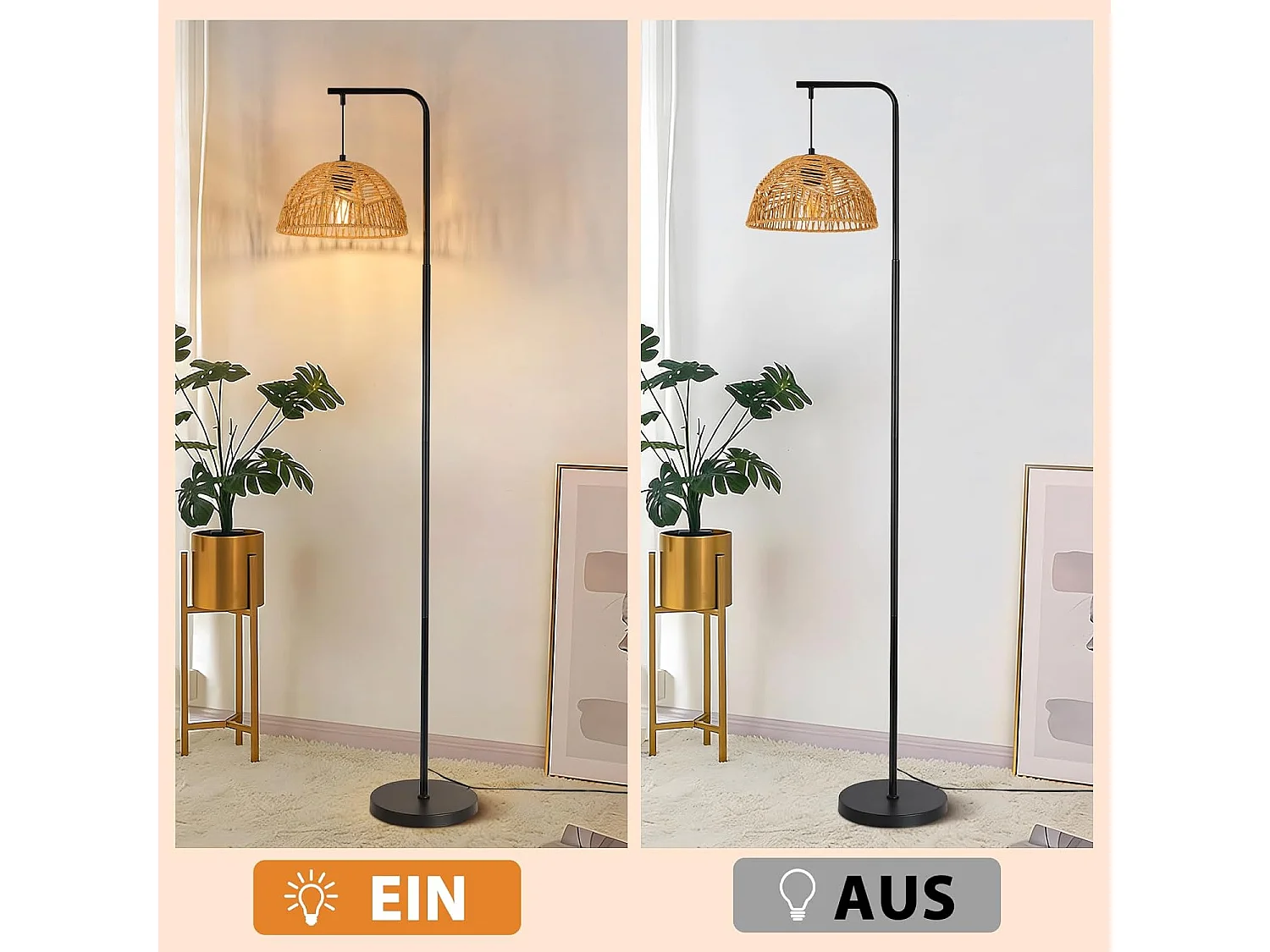 ZMH Lampadaire arc Vintage noir abat-jour corde moderne 164cm E27 interrupteur au pied pour salon chambre salle à manger terrasse sans ampoule