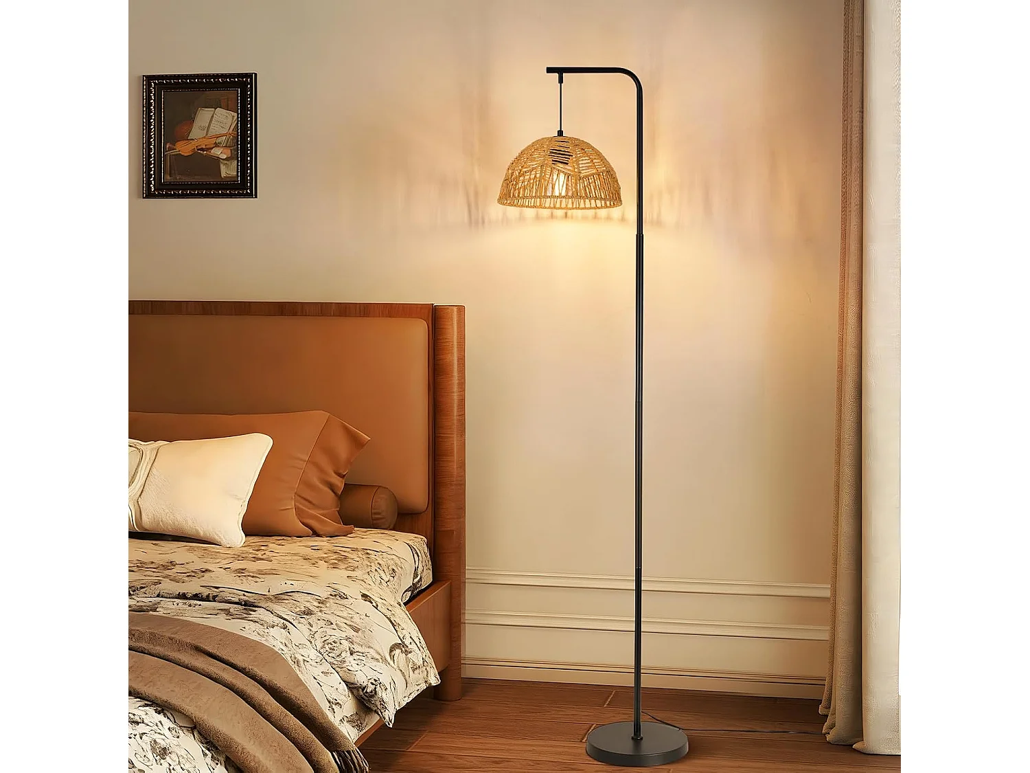 ZMH Lampadaire arc Vintage noir abat-jour corde moderne 164cm E27 interrupteur au pied pour salon chambre salle à manger terrasse sans ampoule