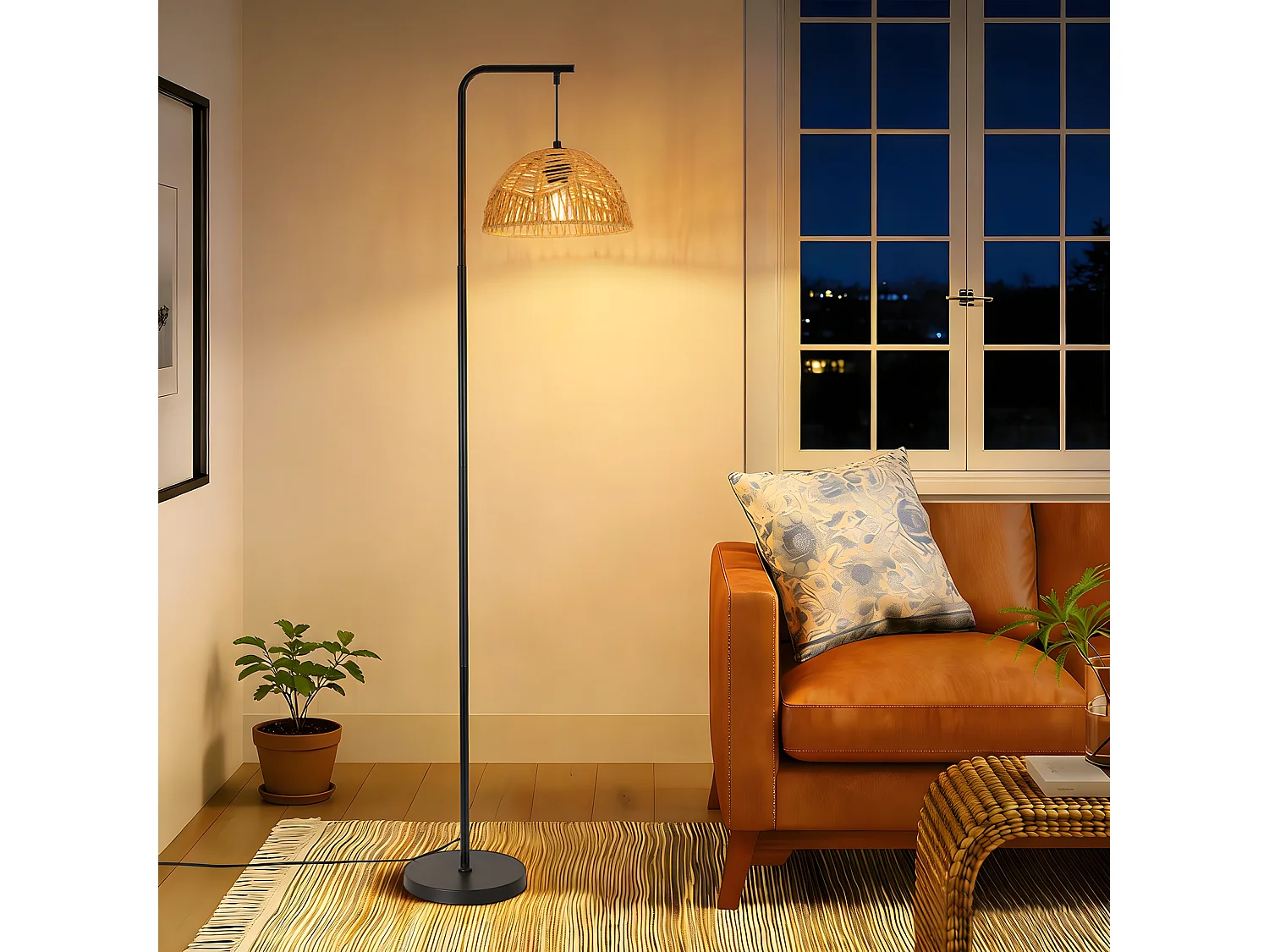 ZMH Lampadaire bohème noire abat-jour corde moderne 164cm E27 interrupteur au pied pour salon chambre salle à manger terrasse sans ampoule