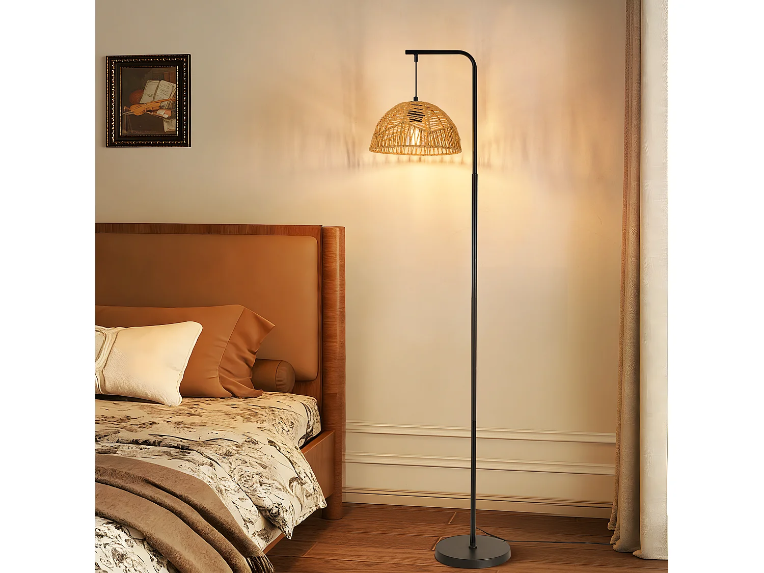 ZMH Lampadaire bohème noire abat-jour corde moderne 164cm E27 interrupteur au pied pour salon chambre salle à manger terrasse sans ampoule