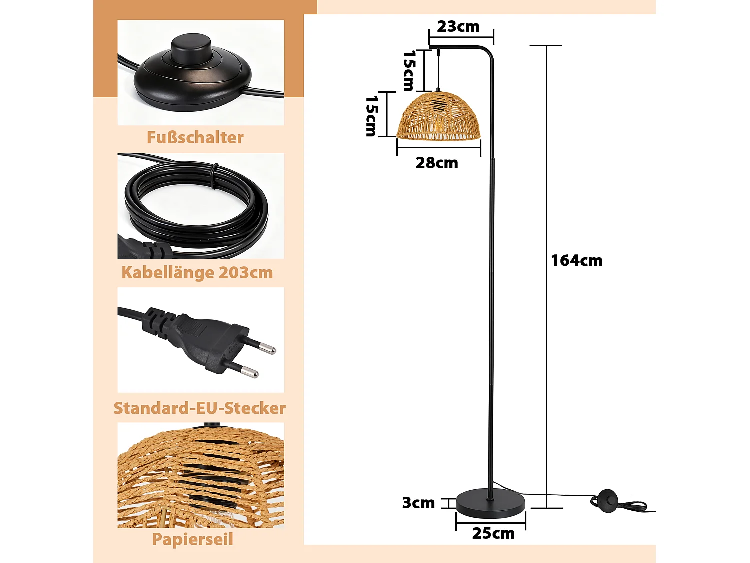 ZMH Lampadaire bohème noire abat-jour corde moderne 164cm E27 interrupteur au pied pour salon chambre salle à manger terrasse sans ampoule