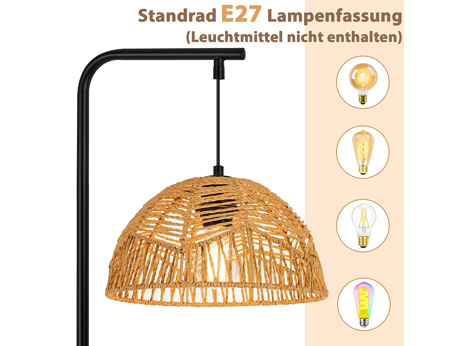 ZMH Lampadaire bohème noire abat-jour corde moderne 164cm E27 interrupteur au pied pour salon chambre salle à manger terrasse sans ampoule