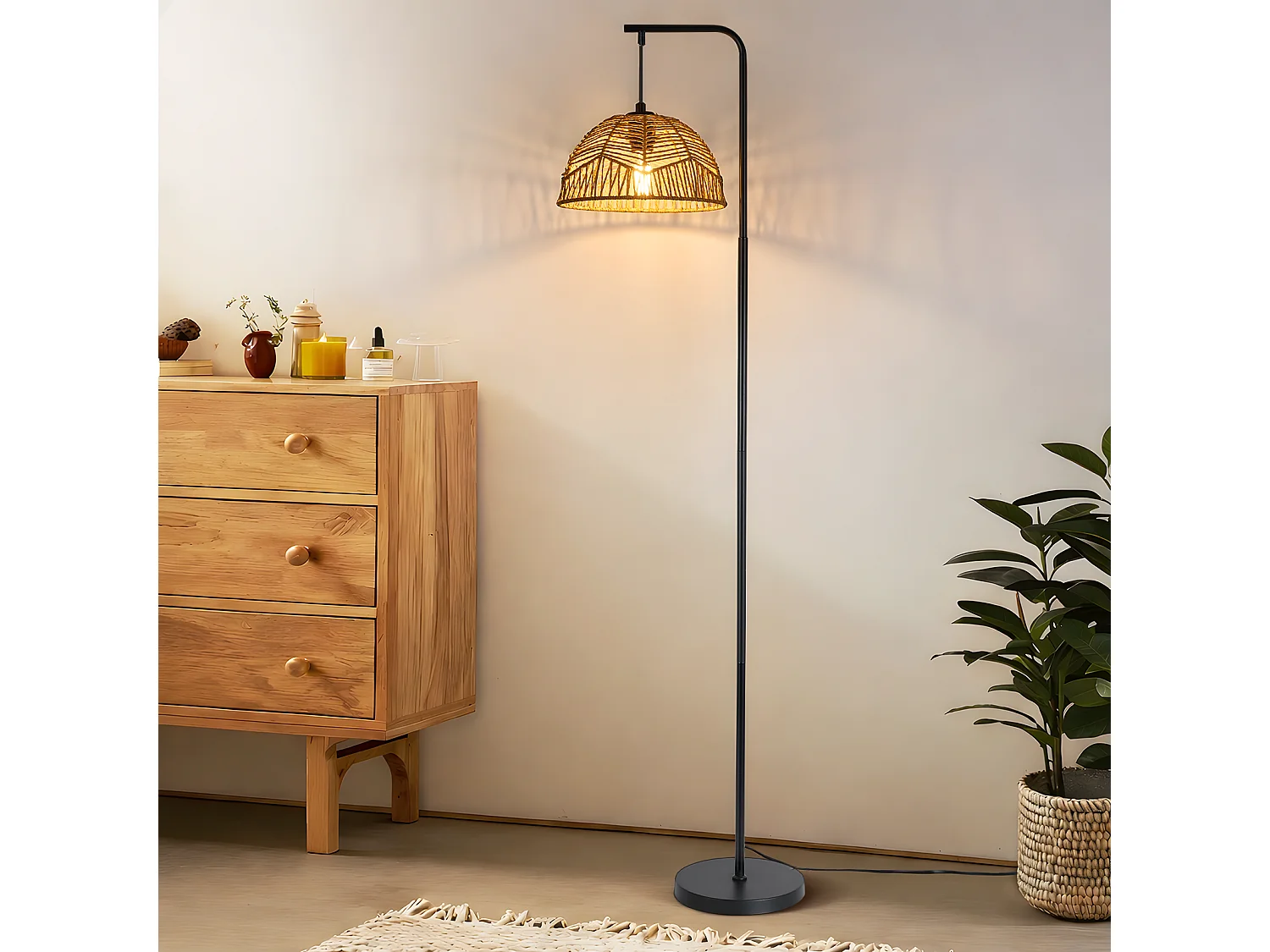 ZMH Lampadaire bohème noire abat-jour corde moderne 164cm E27 interrupteur au pied pour salon chambre salle à manger terrasse sans ampoule