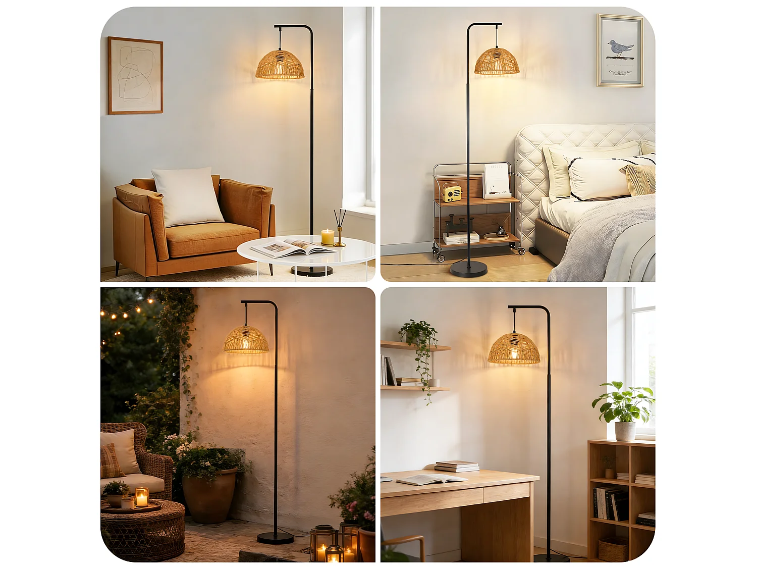 ZMH Lampadaire bohème noire abat-jour corde moderne 164cm E27 interrupteur au pied pour salon chambre salle à manger terrasse sans ampoule