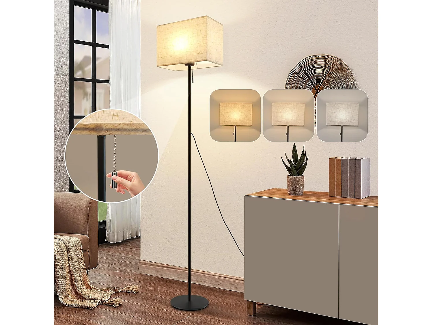 ZMH LED Lampadaire Rétro avec variateur Abat-jour en tissu Salon avec interrupteur à câble
