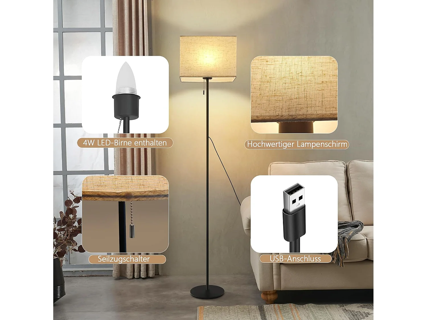 ZMH LED Lampadaire Rétro avec variateur Abat-jour en tissu Salon avec interrupteur à câble