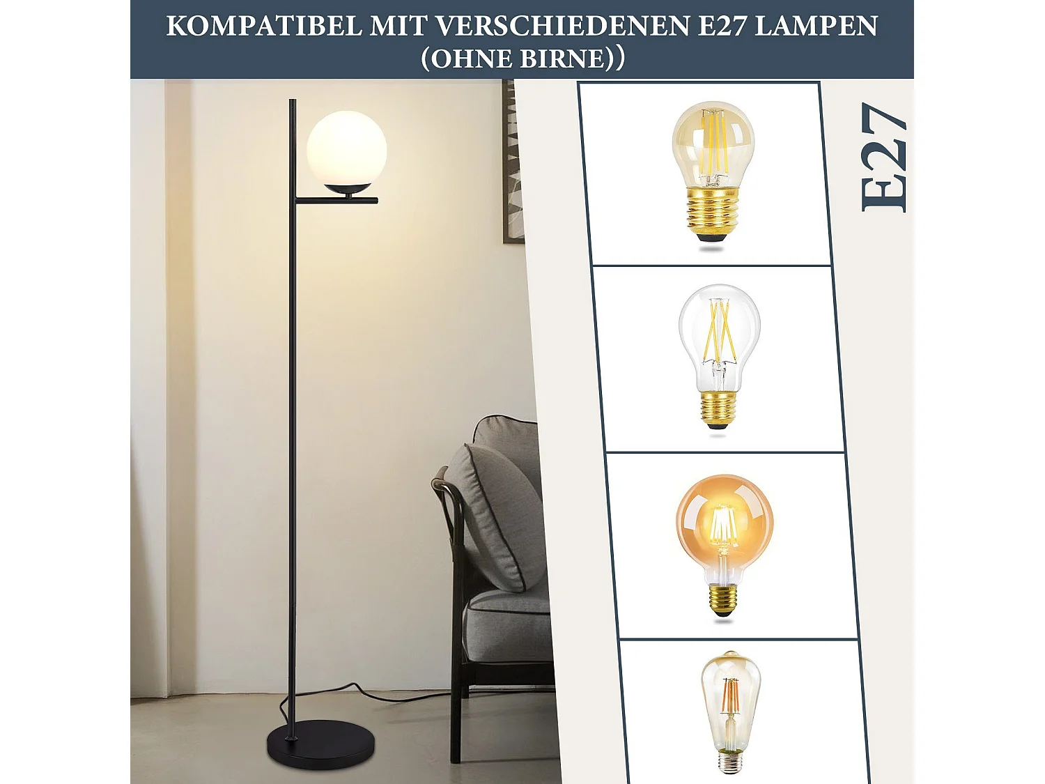 ZMH Lampadaire noir E27 1 flamme métal lampadaire industriel avec interrupteur à pied