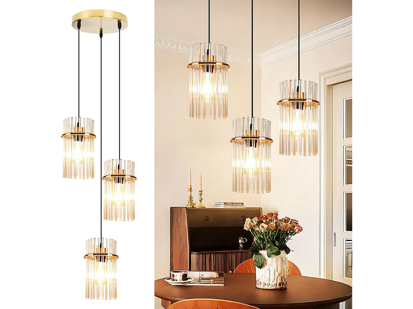 ZMH Suspension Vintage 3 Flammes Autour Verre Doré E27(sans Ampoule)