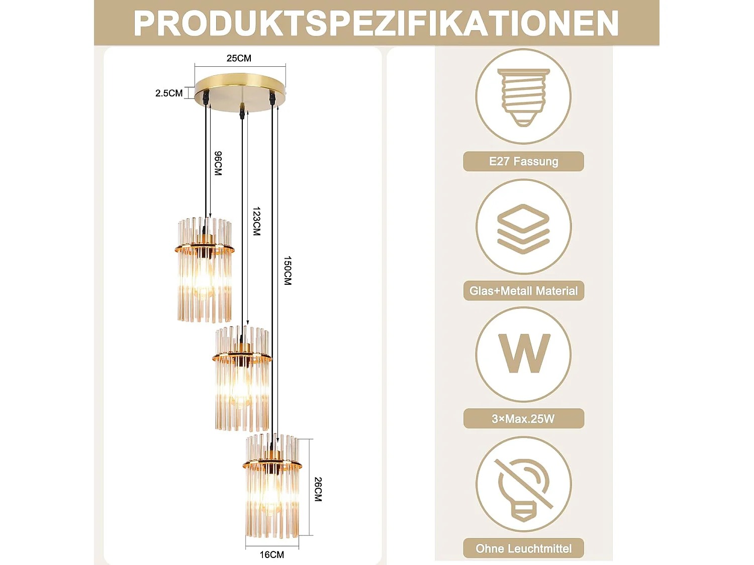 ZMH Suspension Vintage 3 Flammes Autour Verre Doré E27(sans Ampoule)