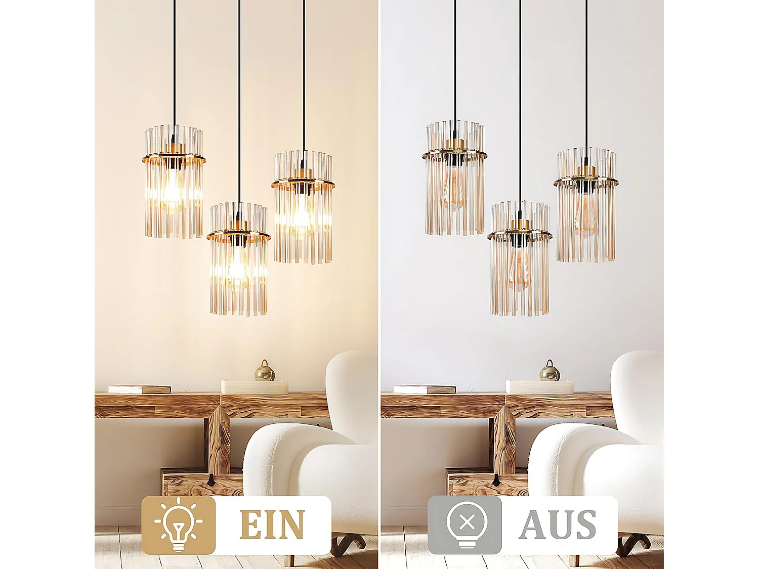 ZMH Suspension Vintage 3 Flammes Autour Verre Doré E27(sans Ampoule)