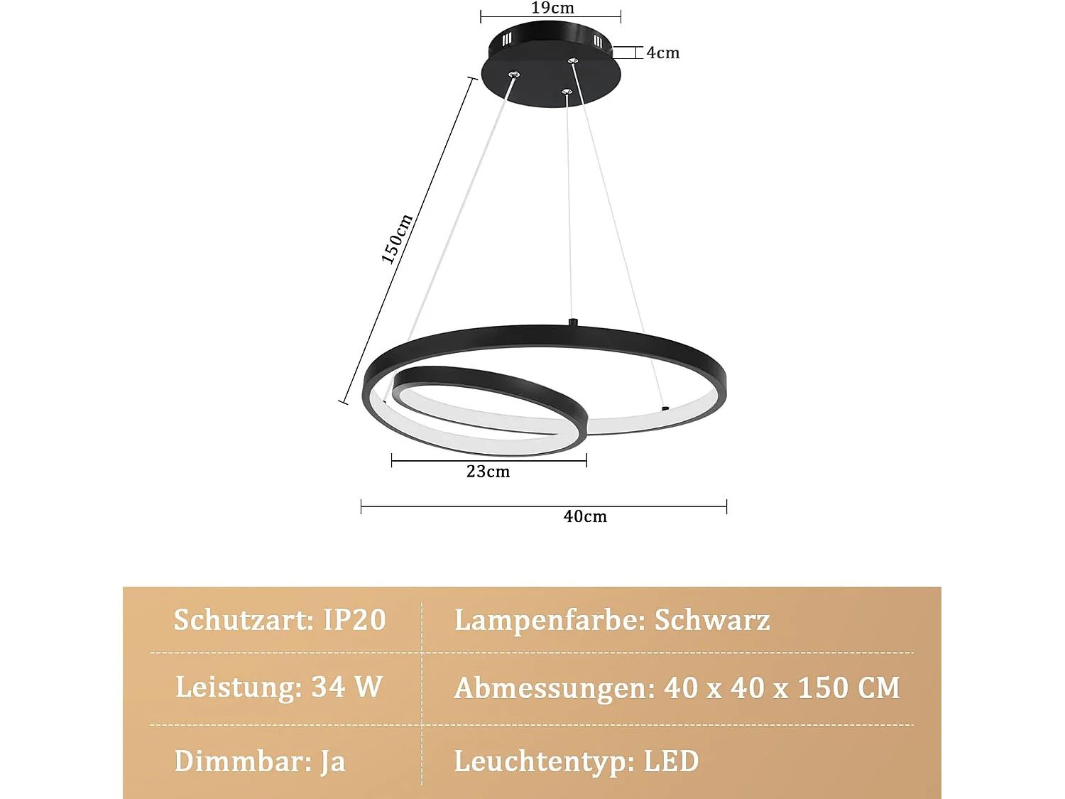 ZMH Suspension LED Dimmable Noir 34W Design Moderne avec Télécommande 40cm Pour Cuisine Salon Chambre Bureau