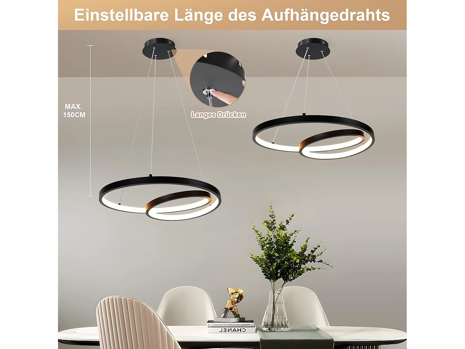 ZMH Suspension LED Dimmable Noir 34W Design Moderne avec Télécommande 40cm Pour Cuisine Salon Chambre Bureau