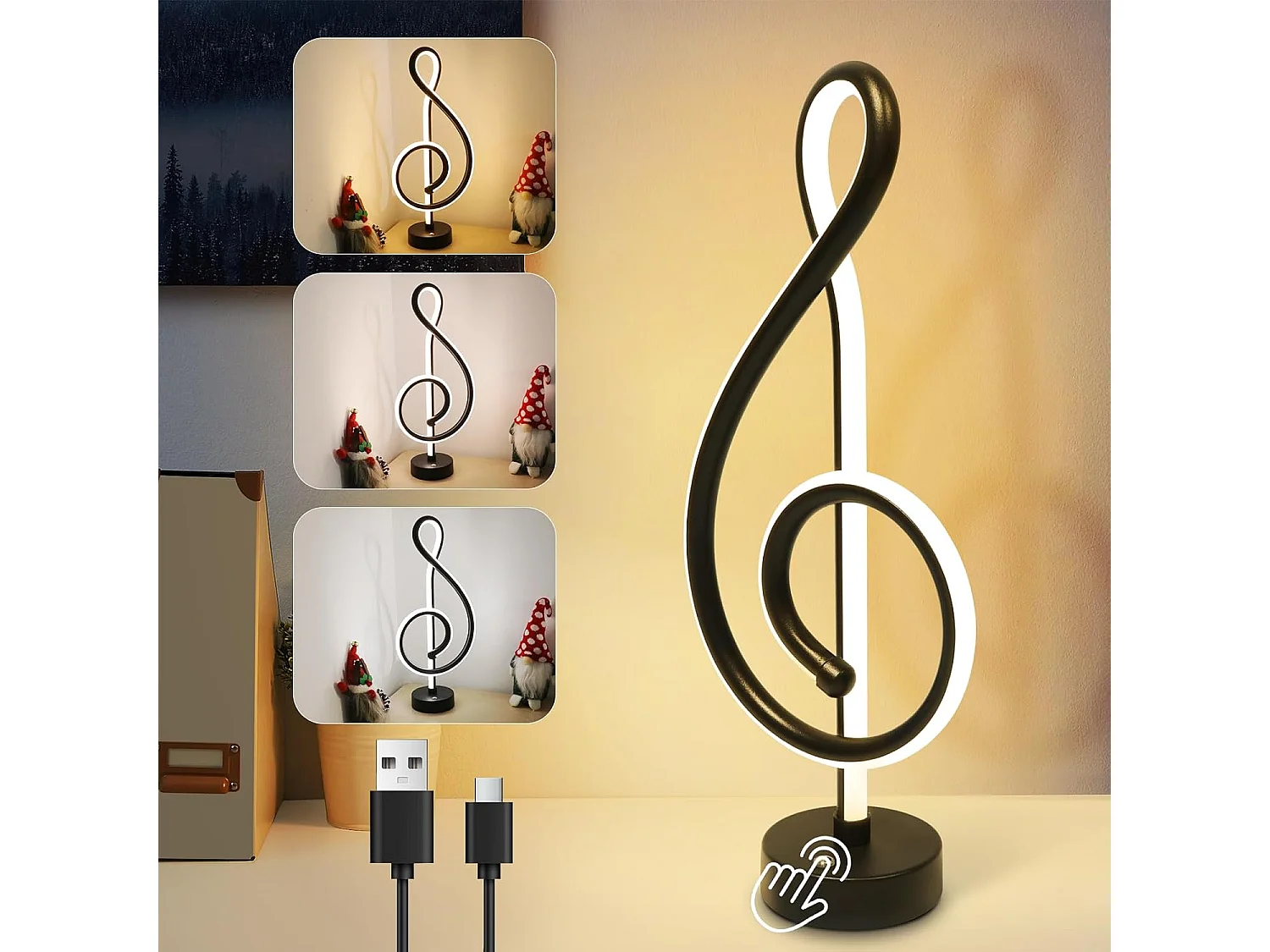 ZMH Lampe de Table LED Sans Fil Noir Tactile Dimmable Rechargeable USB Pour Chambre Sans Câble