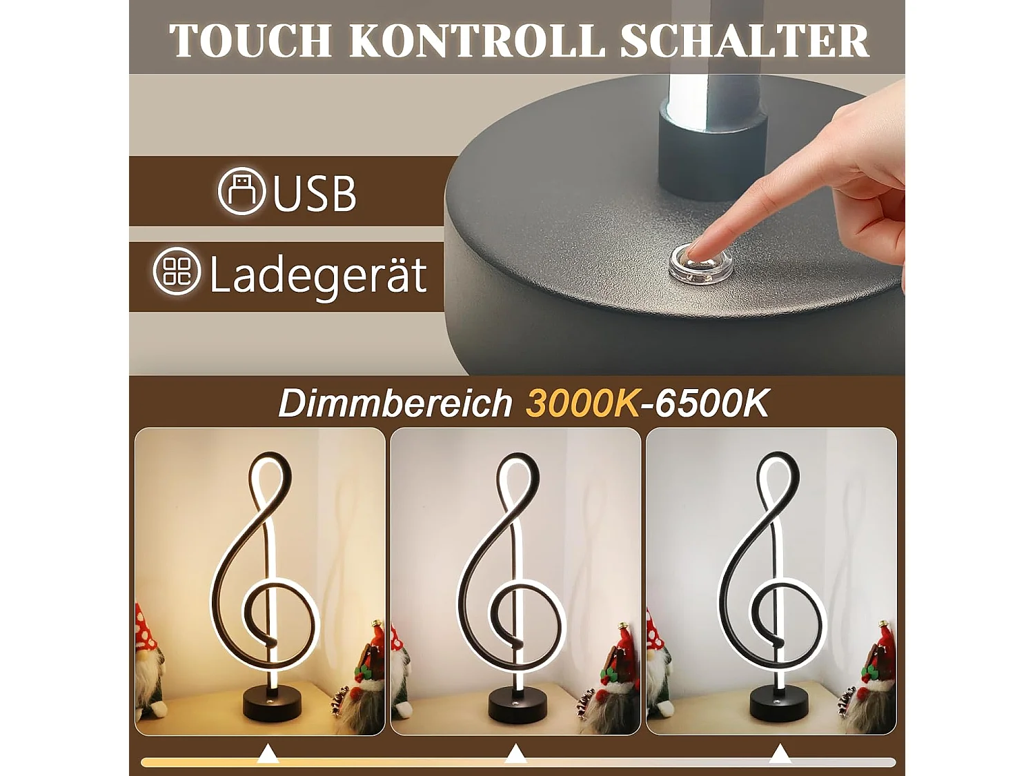 ZMH Lampe de Table LED Sans Fil Noir Tactile Dimmable Rechargeable USB Pour Chambre Sans Câble