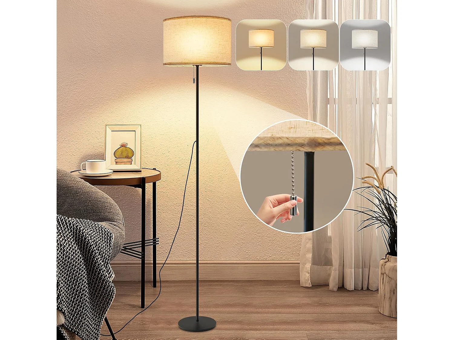 ZMH LED Lampadaire Rétro avec variateur Abat-jour en tissu Salon avec interrupteur à câble