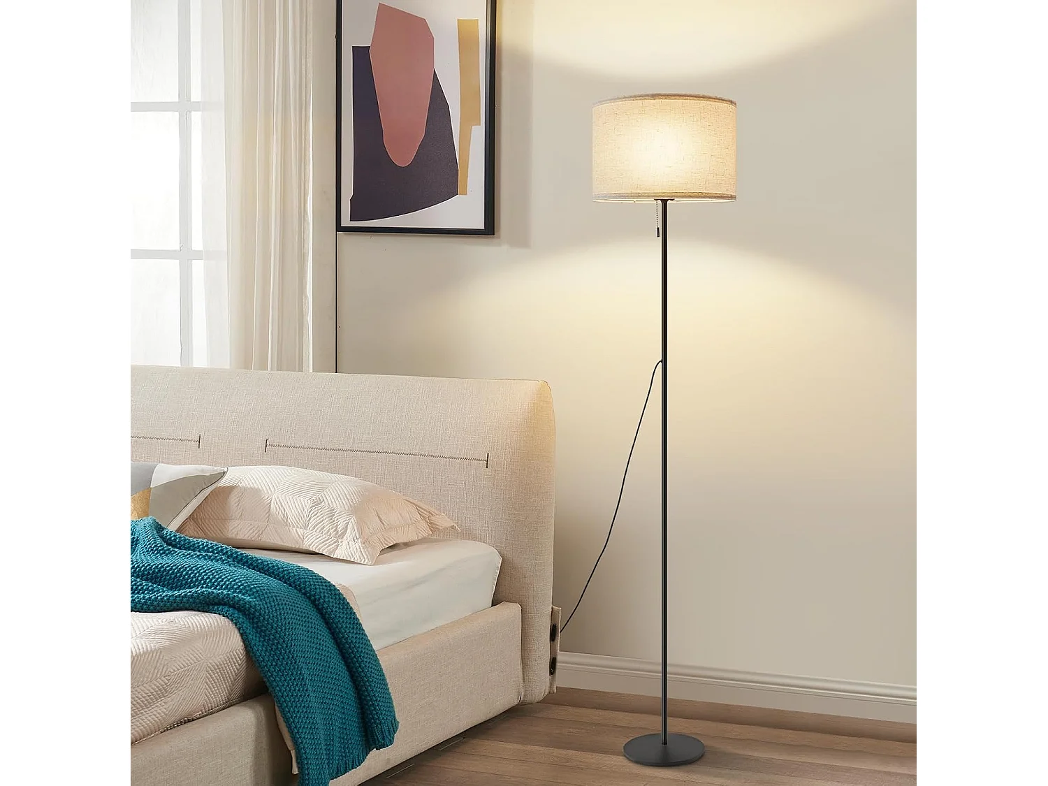 ZMH LED Lampadaire Rétro avec variateur Abat-jour en tissu Salon avec interrupteur à câble