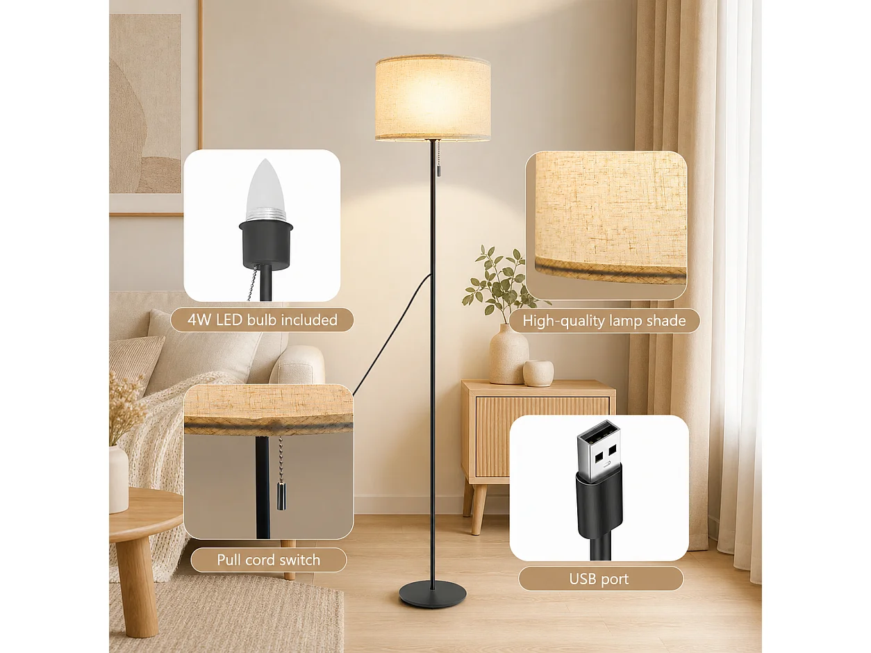ZMH LED Lampadaire Rétro avec variateur Abat-jour en tissu Salon avec interrupteur à câble