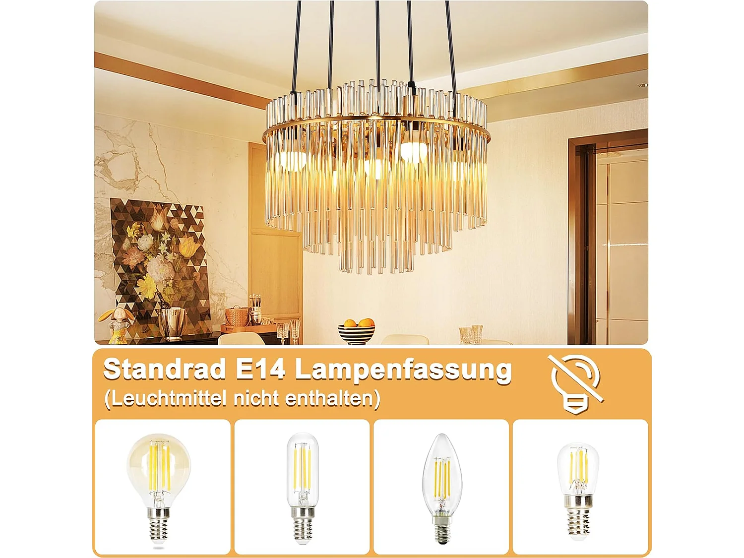 ZMH Suspension Vintage 5 Flammes E27 Verre Doré Lampe à Suspendre (sans Ampoule)