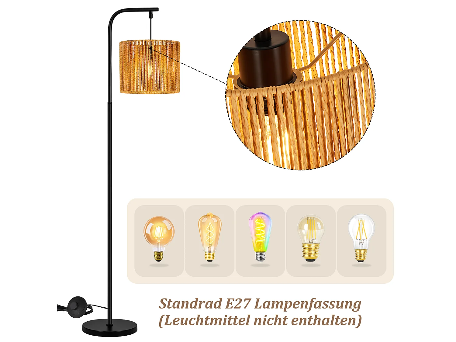 ZMH Lampadaire noir vintage E27 40W lampadaire salon avec interrupteur au pied 164cm pour la chambre la terrasse le bureau