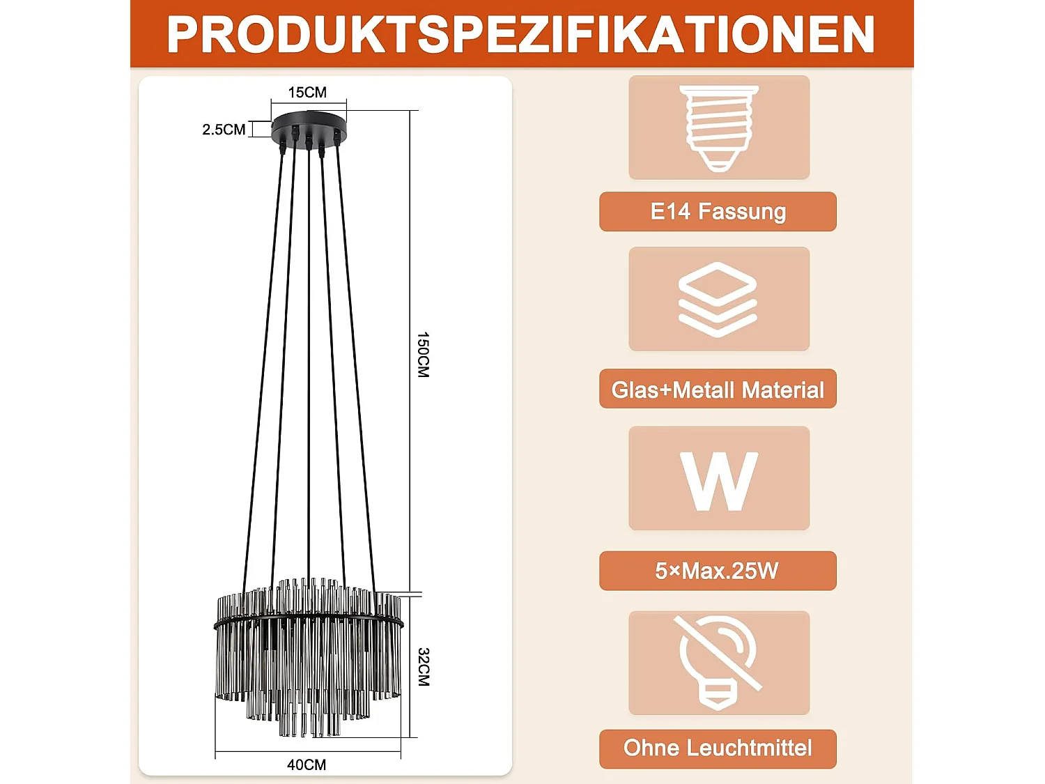 ZMH Suspension Vintage 5 Flammes E27 Verre Noir Lampe à Suspendre (sans Ampoule)