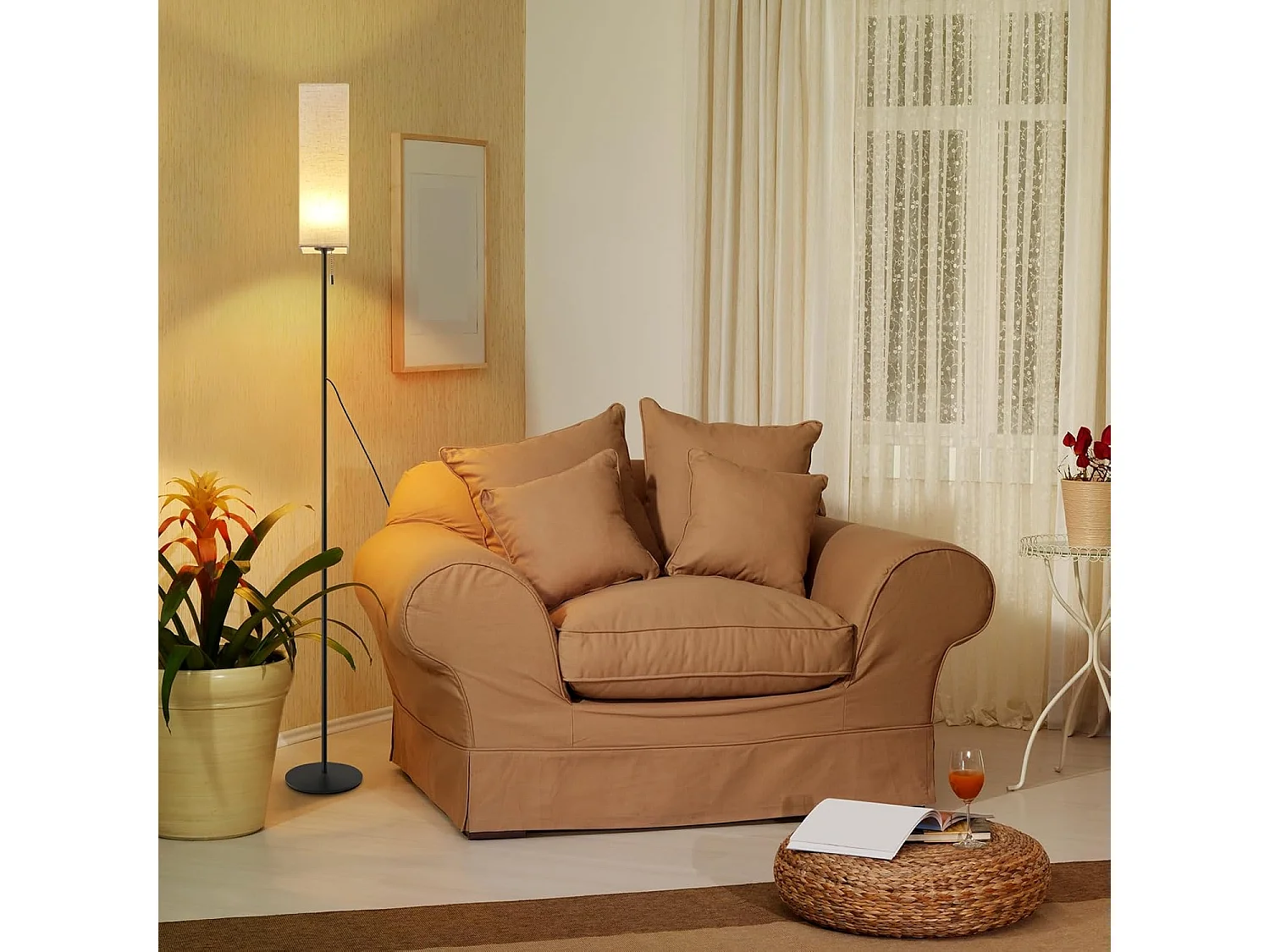 ZMH LED Lampadaire Rétro avec variateur Abat-jour en tissu Salon avec interrupteur à câble