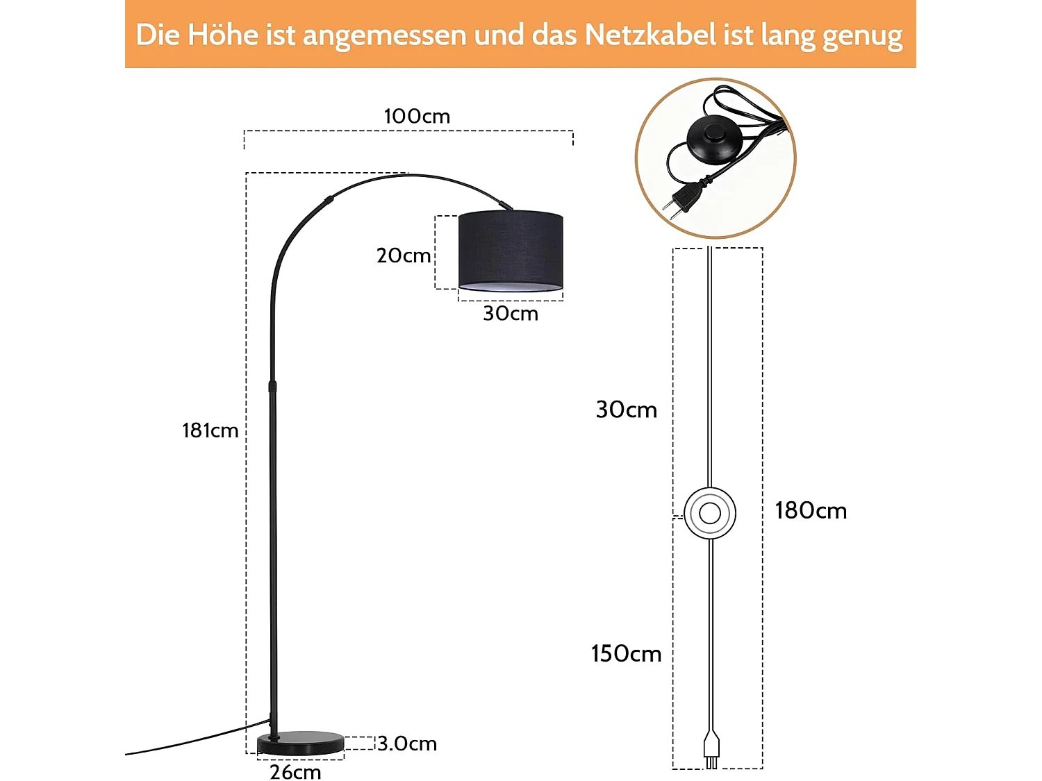 ZMH Lampadaire Arc Noir E27 Abat-jour Tissu Socle Marbre Max 40W 181cm Pour Salon Sans Ampoule