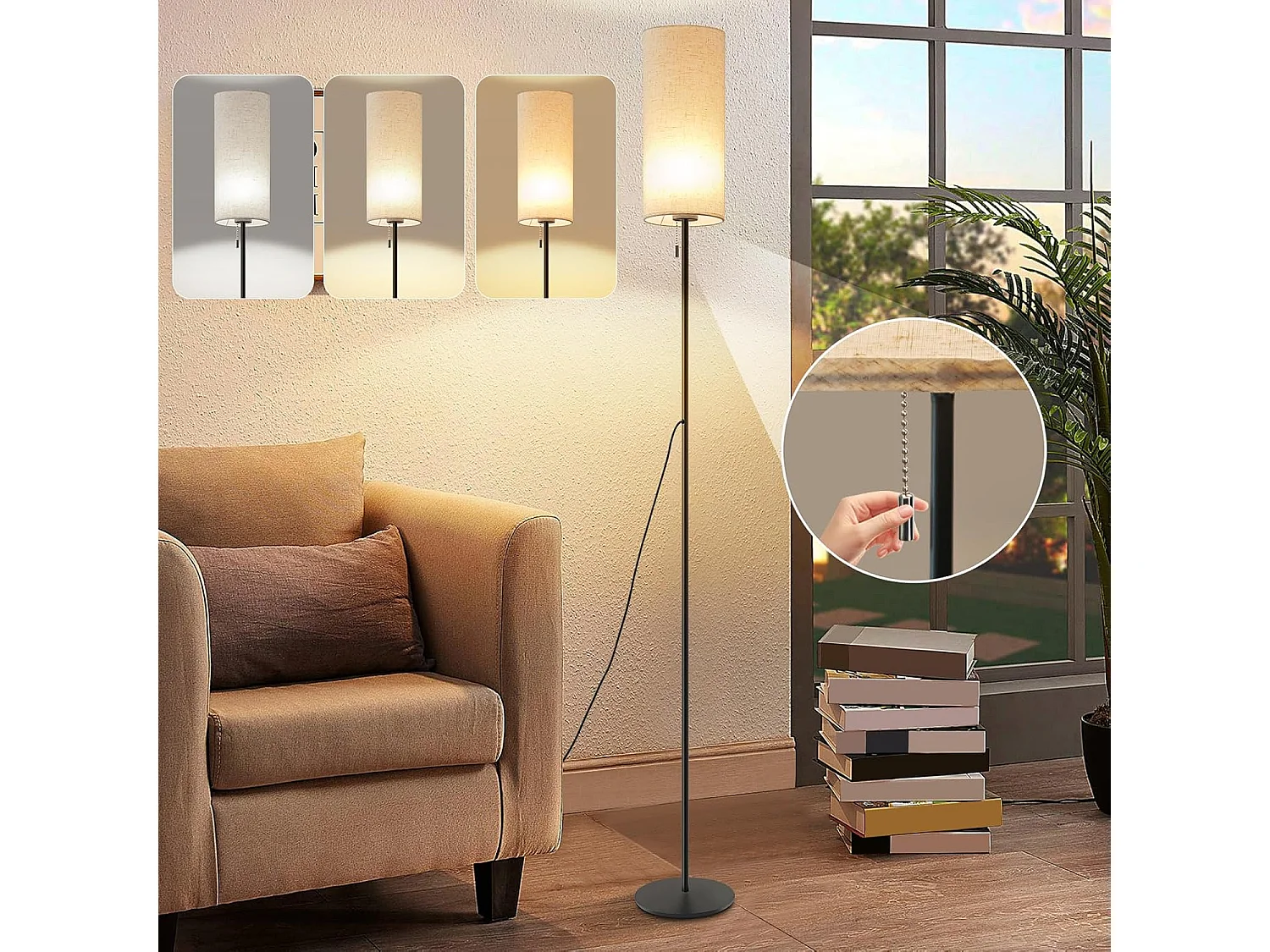 ZMH LED Lampadaire Rétro avec variateur Abat-jour en tissu Salon avec interrupteur à câble