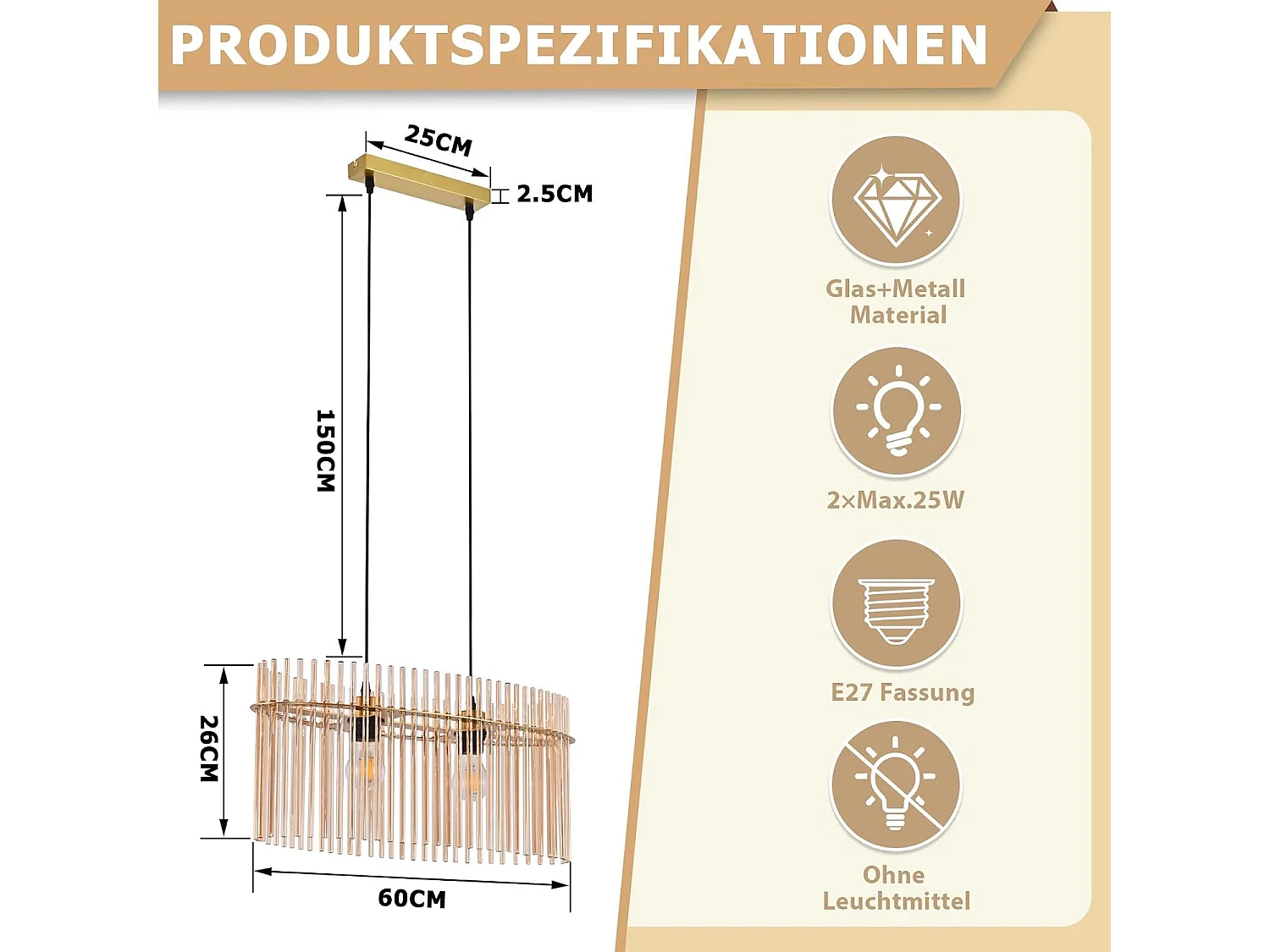ZMH Suspension E27 Verre Doré 2 Flammes Pour Cuisine Salon (sans Ampoule)