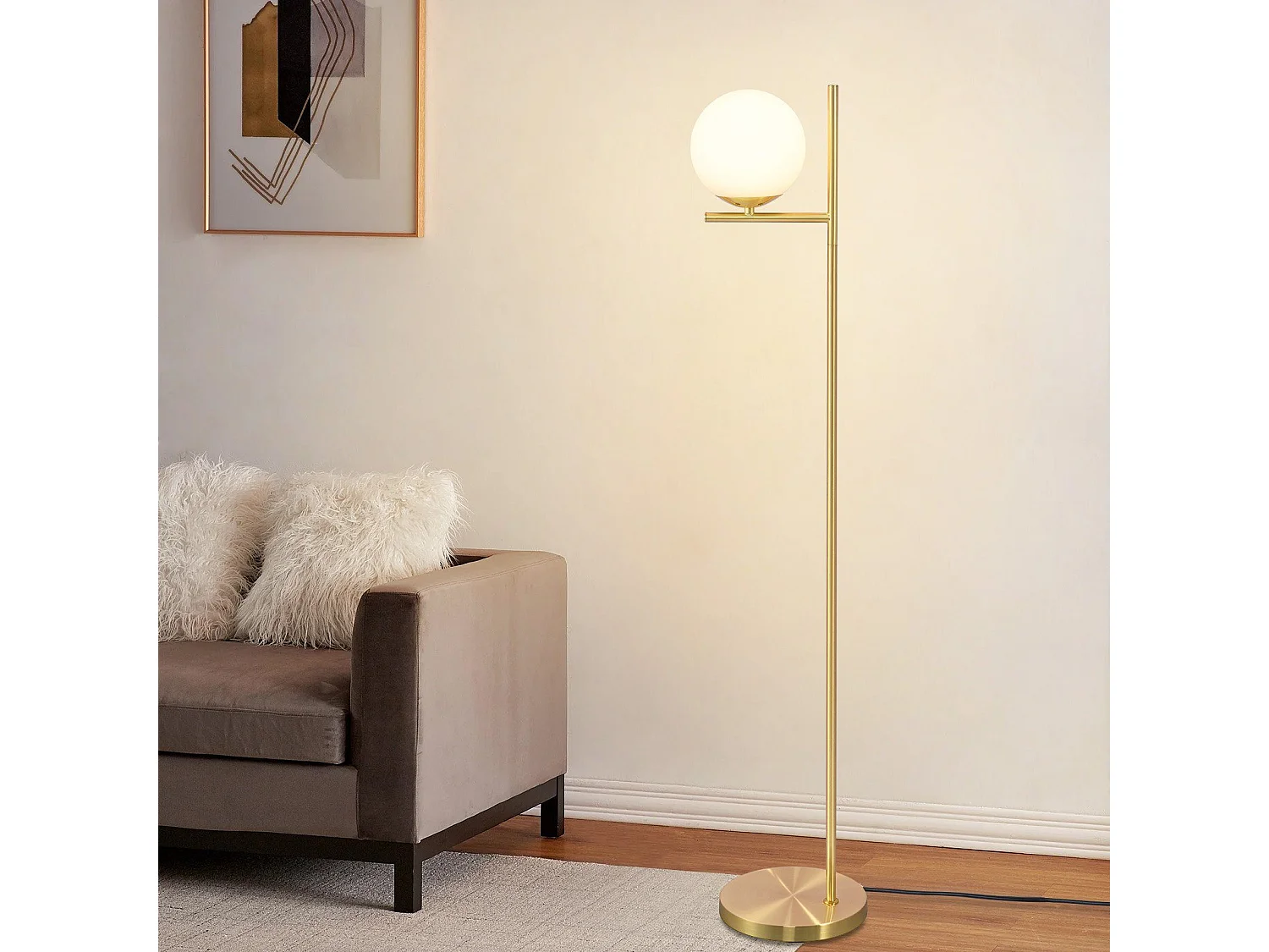 ZMH Lampadaire Salon 1 flamme Doré E27 Globe en verre blanc avec finition métallique industriel