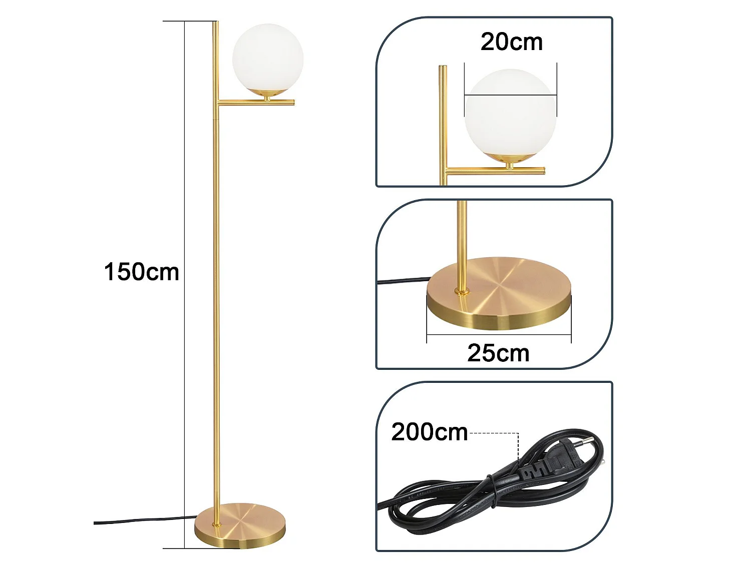 ZMH Lampadaire Salon 1 flamme Doré E27 Globe en verre blanc avec finition métallique industriel
