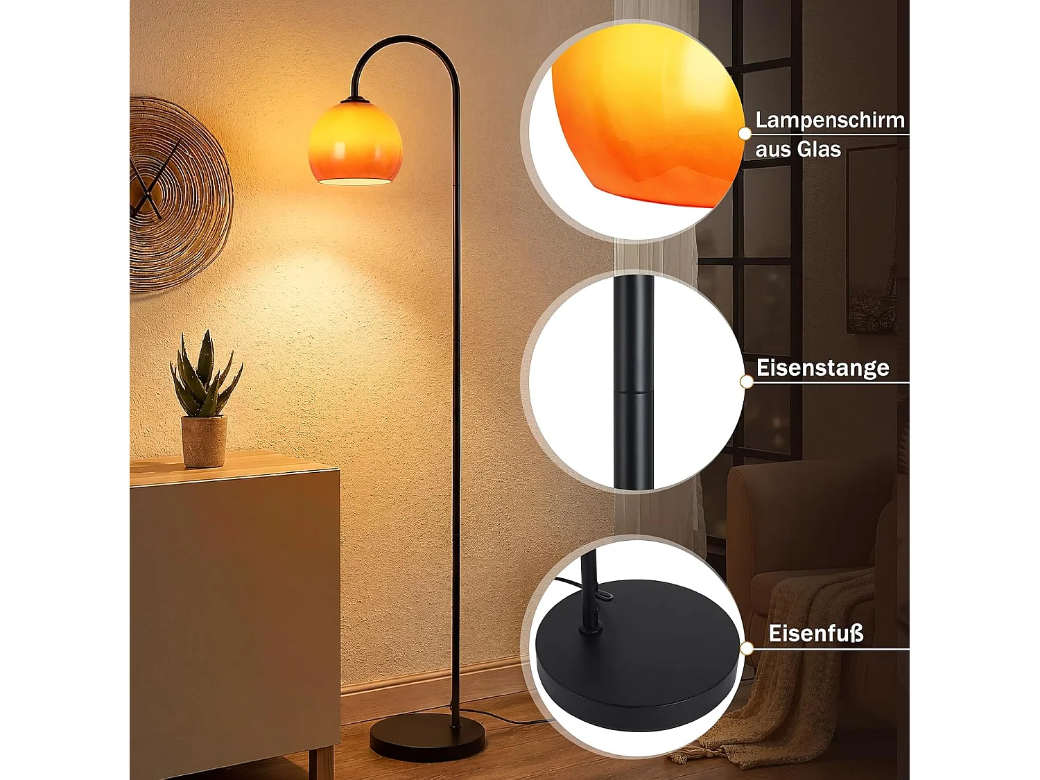 ZMH Lampadaire Arc Abat-jour Verre E27 Interrupteur au Pied 140-160cm Pour Salon Sans Ampoule