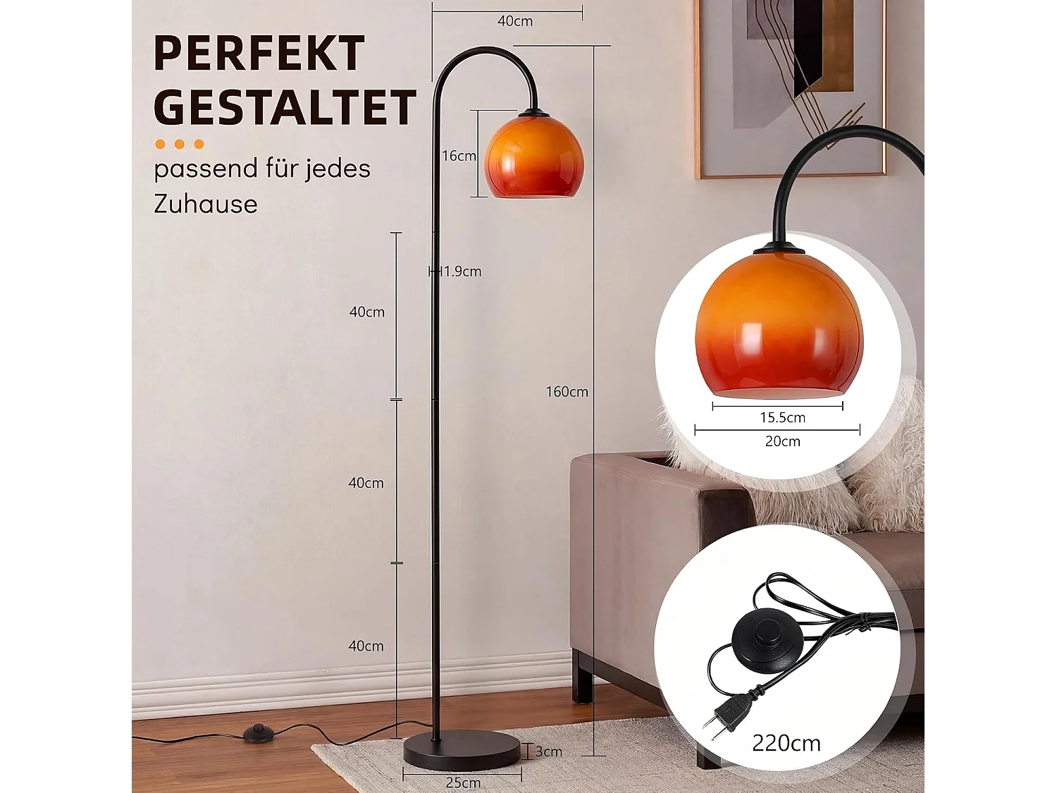 ZMH Lampadaire Arc Abat-jour Verre E27 Interrupteur au Pied 140-160cm Pour Salon Sans Ampoule