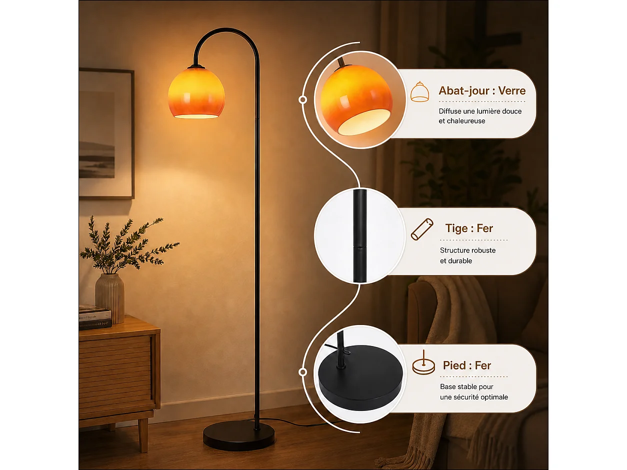 ZMH Lampadaire Arc Abat-jour Verre E27 Interrupteur au Pied 140-160cm Pour Salon Sans Ampoule