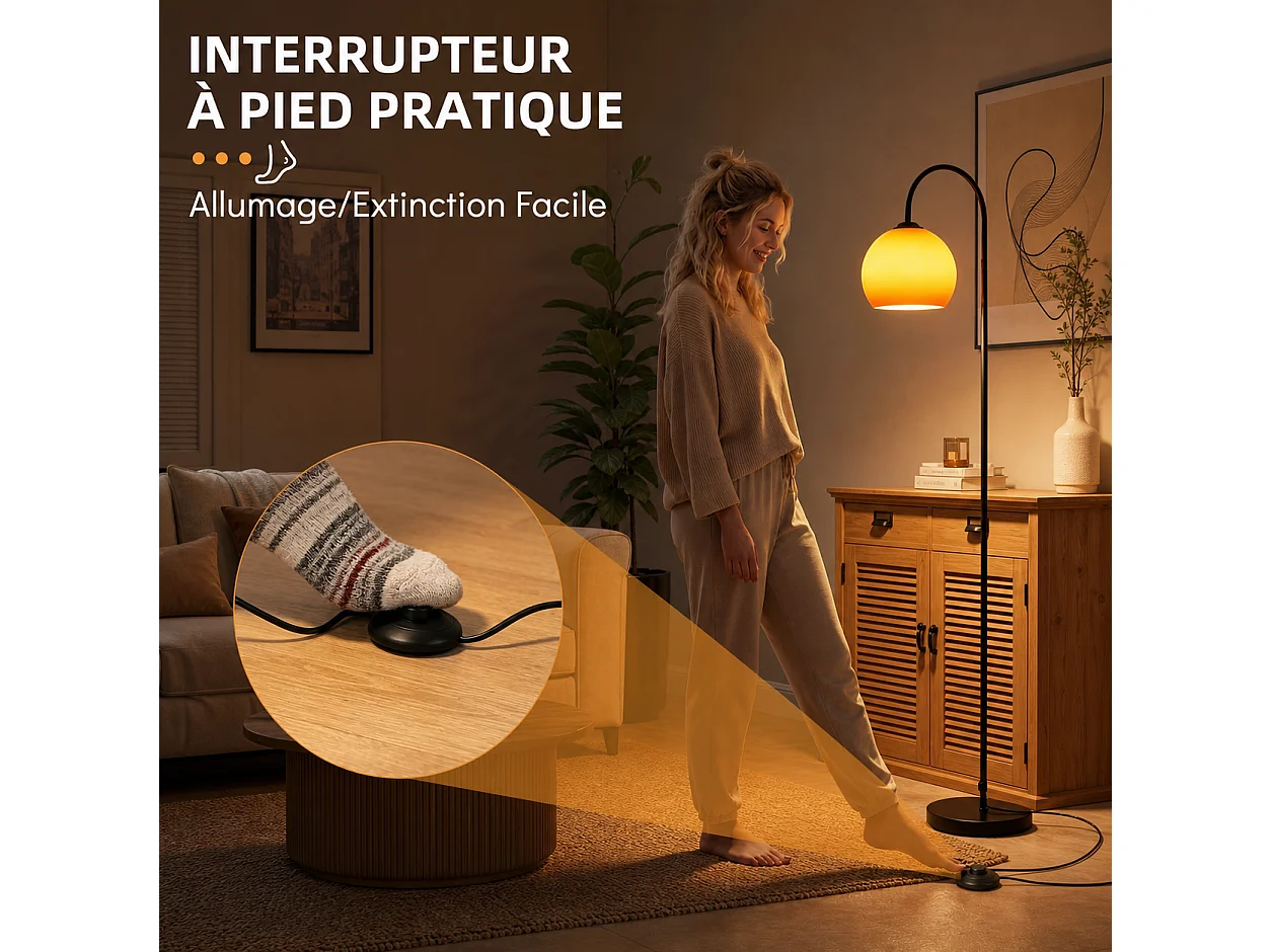 ZMH Lampadaire Arc Abat-jour Verre E27 Interrupteur au Pied 140-160cm Pour Salon Sans Ampoule