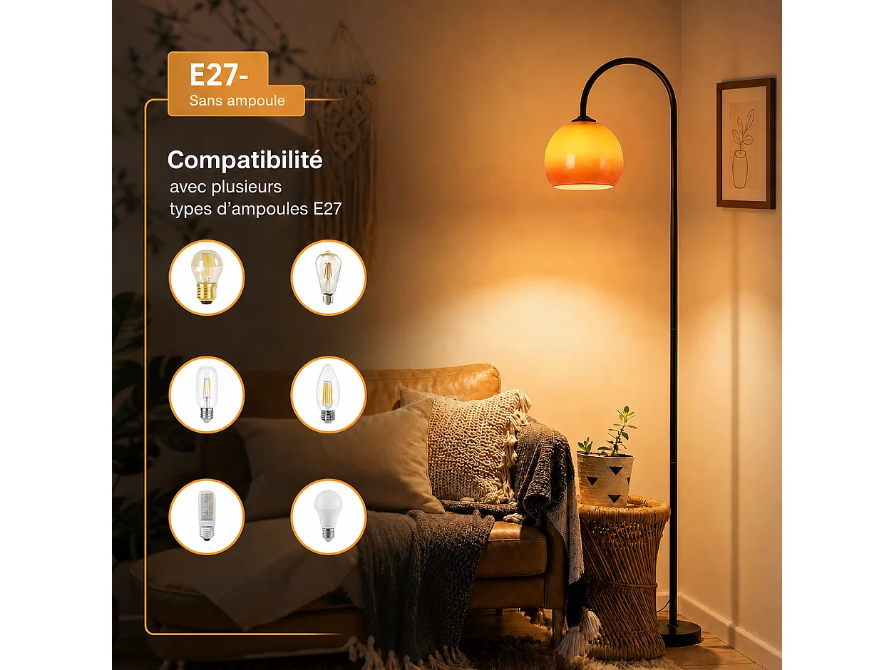 ZMH Lampadaire Arc Abat-jour Verre E27 Interrupteur au Pied 140-160cm Pour Salon Sans Ampoule