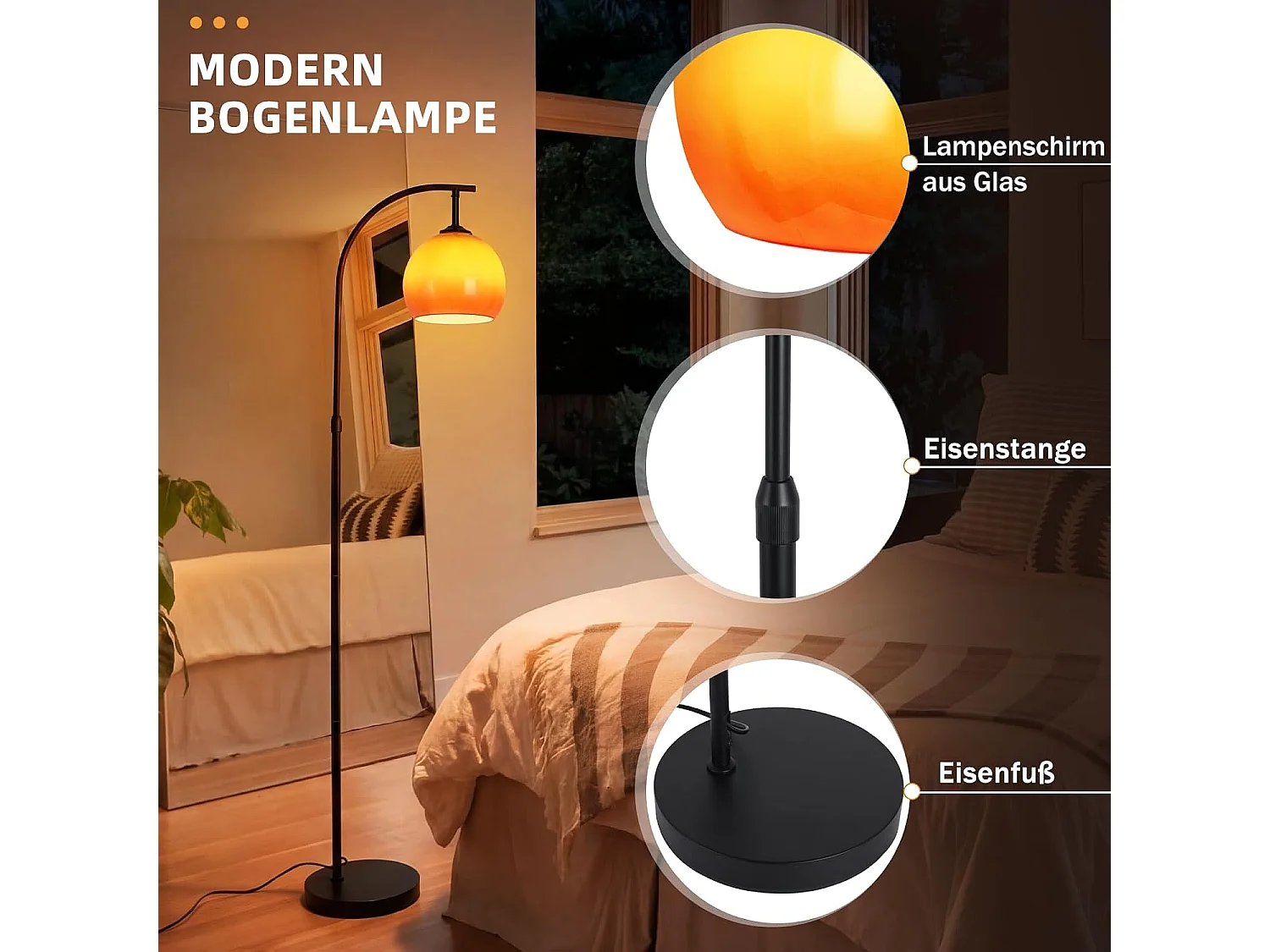 ZMH Lampadaire Arc Abat-jour Verre E27 Interrupteur au Pied Bras Orientable 140-160cm Pour Salon Chambre Bureau Sans Ampoule