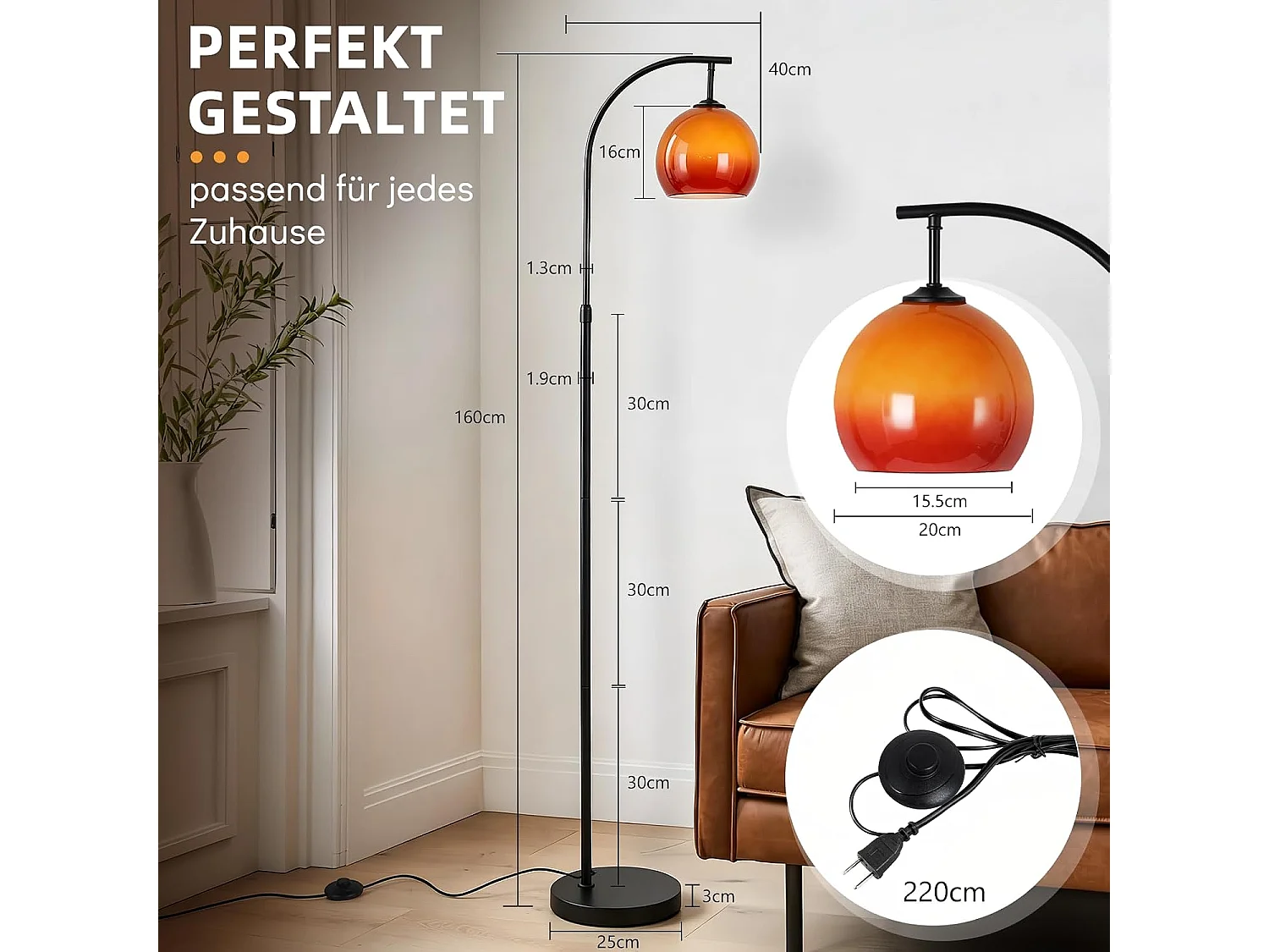 ZMH Lampadaire Arc Abat-jour Verre E27 Interrupteur au Pied Bras Orientable 140-160cm Pour Salon Chambre Bureau Sans Ampoule