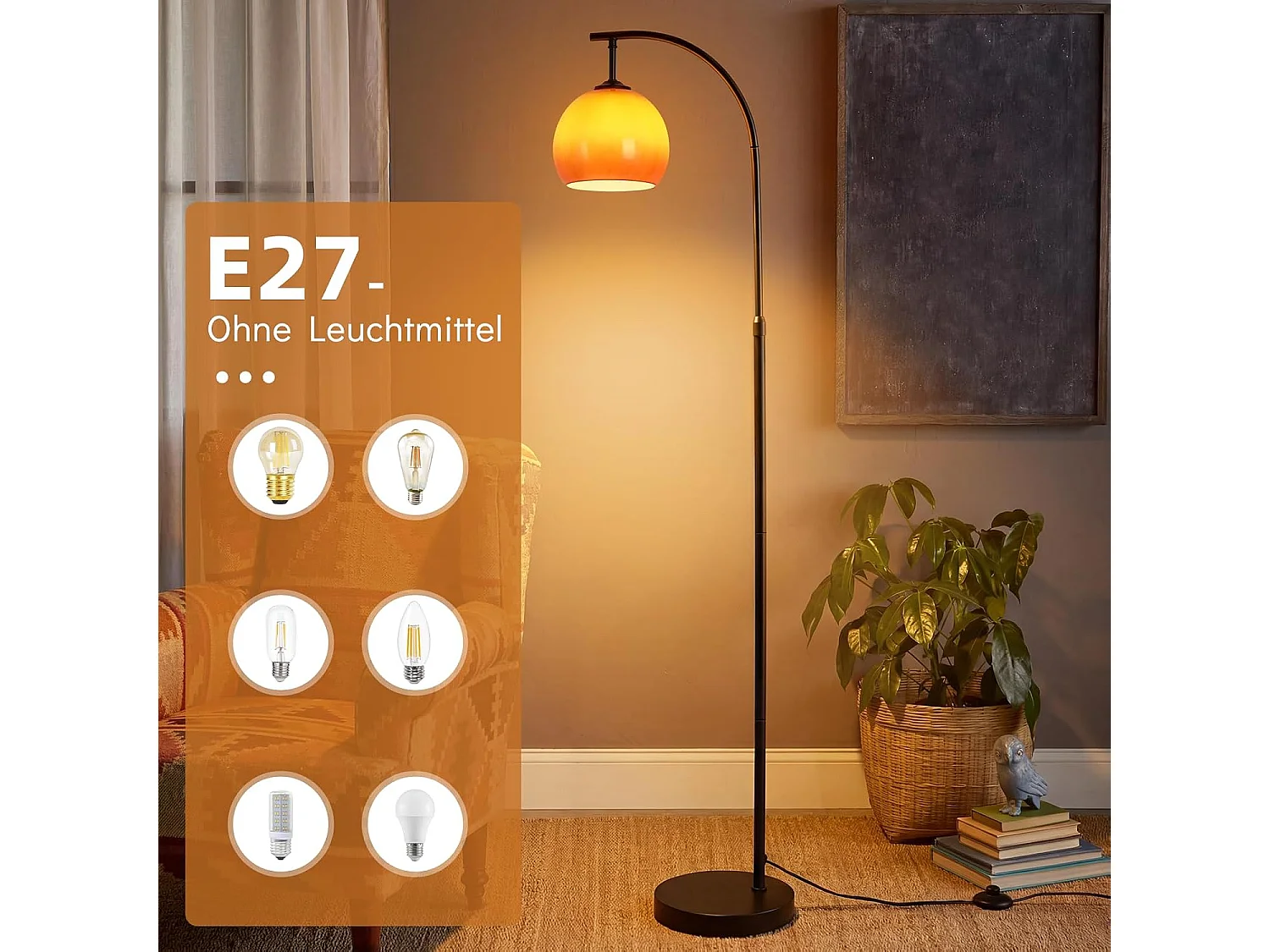 ZMH Lampadaire Arc Abat-jour Verre E27 Interrupteur au Pied Bras Orientable 140-160cm Pour Salon Chambre Bureau Sans Ampoule