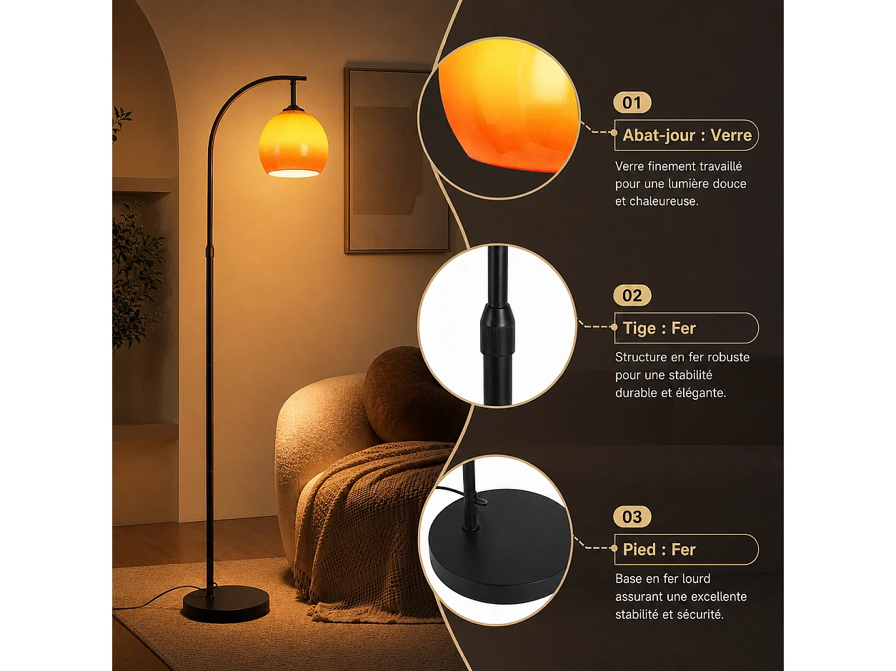 ZMH Lampadaire Arc Abat-jour Verre E27 Interrupteur au Pied Bras Orientable 140-160cm Pour Salon Chambre Bureau Sans Ampoule