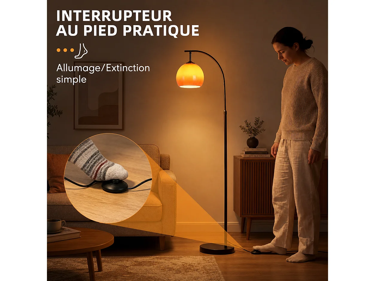 ZMH Lampadaire Arc Abat-jour Verre E27 Interrupteur au Pied Bras Orientable 140-160cm Pour Salon Chambre Bureau Sans Ampoule