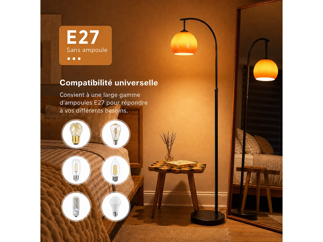 ZMH Lampadaire Arc Abat-jour Verre E27 Interrupteur au Pied Bras Orientable 140-160cm Pour Salon Chambre Bureau Sans Ampoule