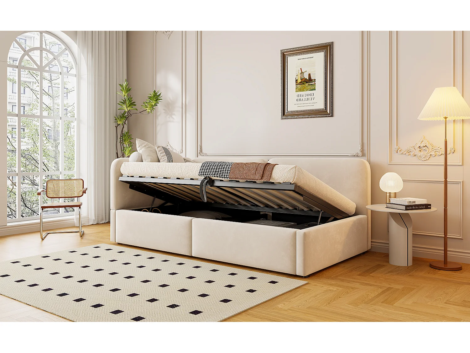 Lit banquette 90x200 cm, coffre hydraulique, daybed avec rangement, tête de lit haute, gain de place, beige, velours